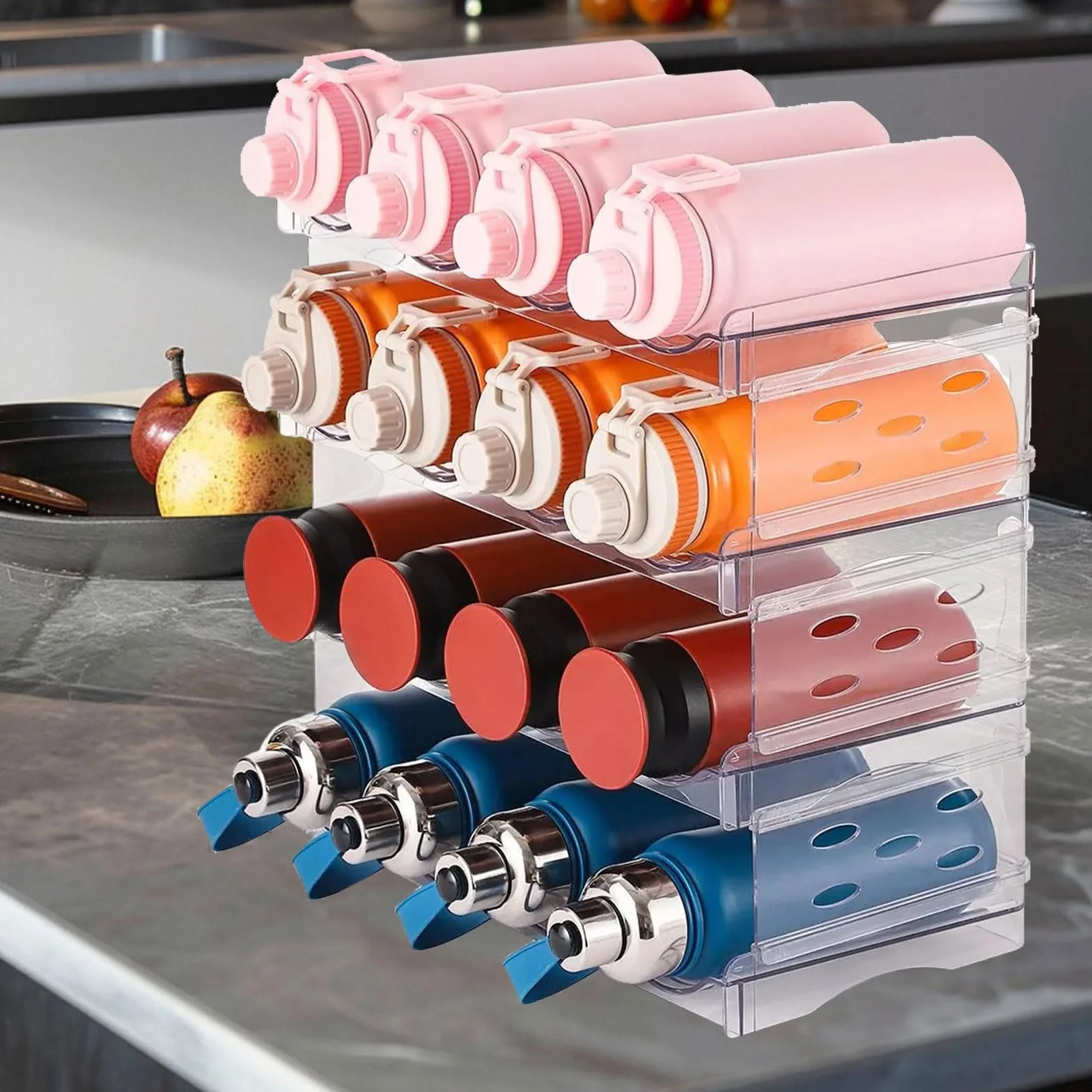 4 Livelli Porta Bottiglie Frigorifero, Contiene 16 Bottiglie, in Plastica, Portabottiglie Frigo Impilabile, Rimovibile, Adatto per Bottiglie, Bevande, Bicchieri (Trasparente)
