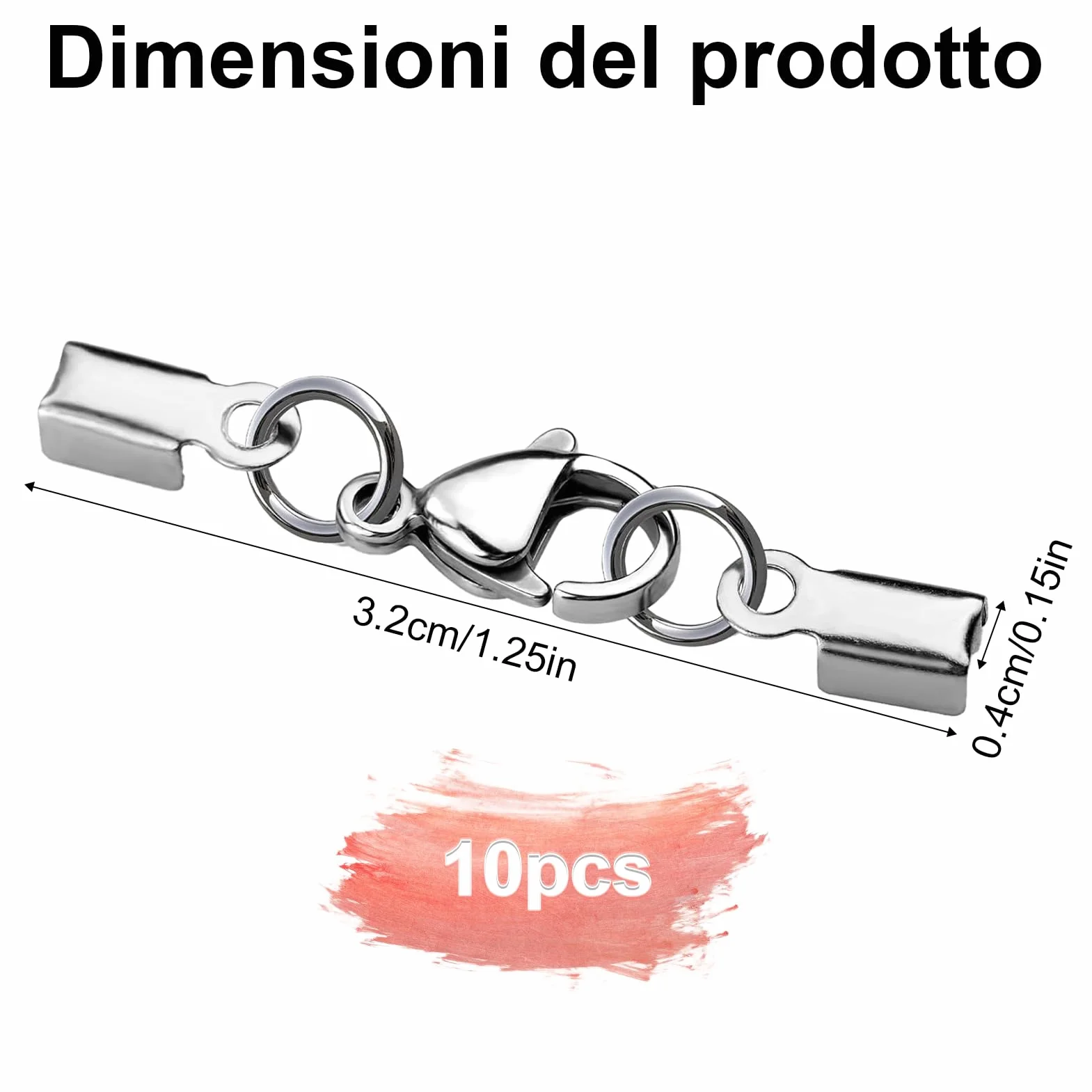 10 chiusure a catena in acciaio inox, accessori per gioielli fai da te, con fibbia a aragosta, adatti per cordini in pelle, collane, bracciali e altri gioielli (argento)