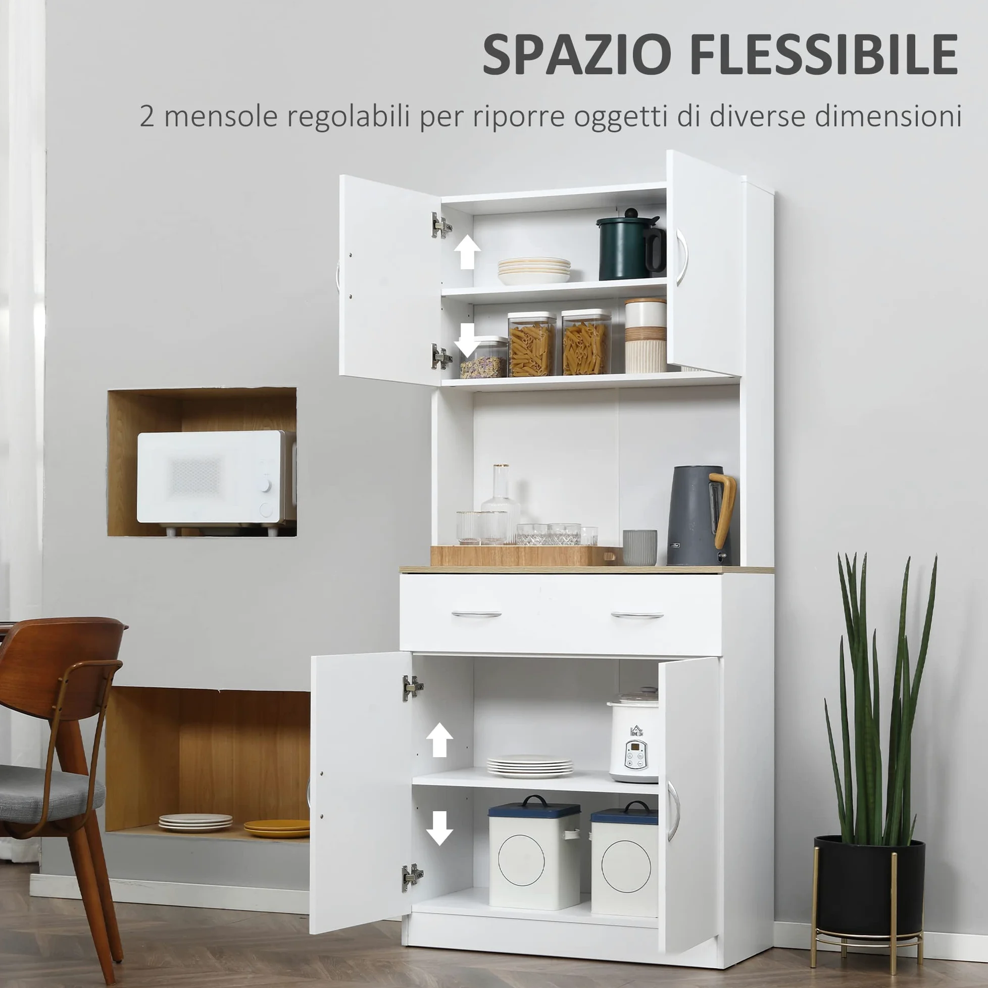 HOMCOM Mobile Cucina Alto 180cm con Armadietti a 2 Ante e Cassetto, Credenza Alta da Cucina in Legno con Ripiani Regolabili, per Cucina, Sala da Pranzo e Soggiorno, 80x40x180 cm, Bianco