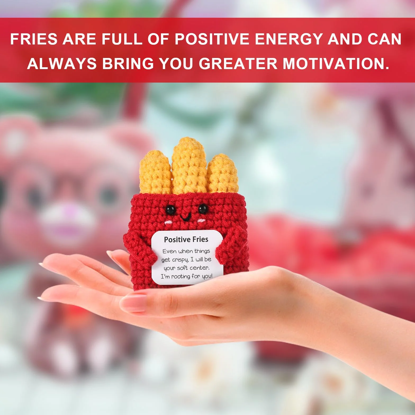 Mini Patatine Fritte Positive, 9cm Patatine Fritte a Maglia di Sostegno Emotivo Giocattolo Peluche Positivo con Carta Creativa Bambola all'Uncinetto Regalo di Incoraggiamento per Bambini Amici
