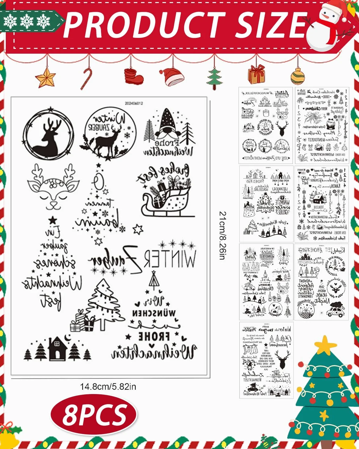 8 fogli francobolli chiari a tema Natale timbri trasparenti in silicone di stile diverso con motivo fiocco di neve albero di Babbo Natale per la fabbricazione(Nero)