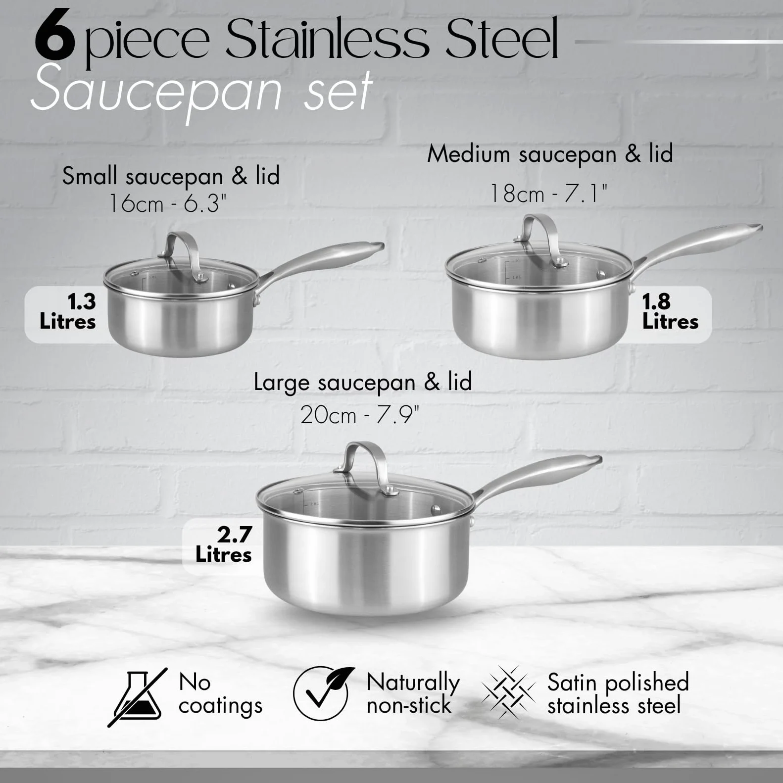 Set di pentole in acciaio inox – Pentole antiaderenti – Pentola in acciaio inox a tre strati adatta a tutti i piani cottura – 6 pezzi 16,7 cm, 18,7 cm e 20,9 cm (3 pentole + 3 coperchi) – by Nuovva