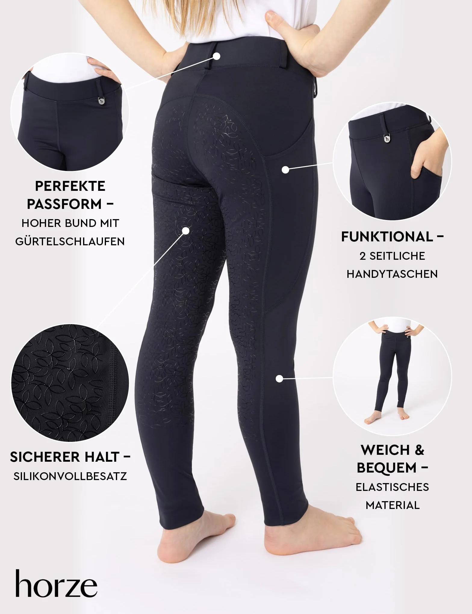 HORZE Leggings da equitazione per bambini con passanti per cintura e custodia per cellulare