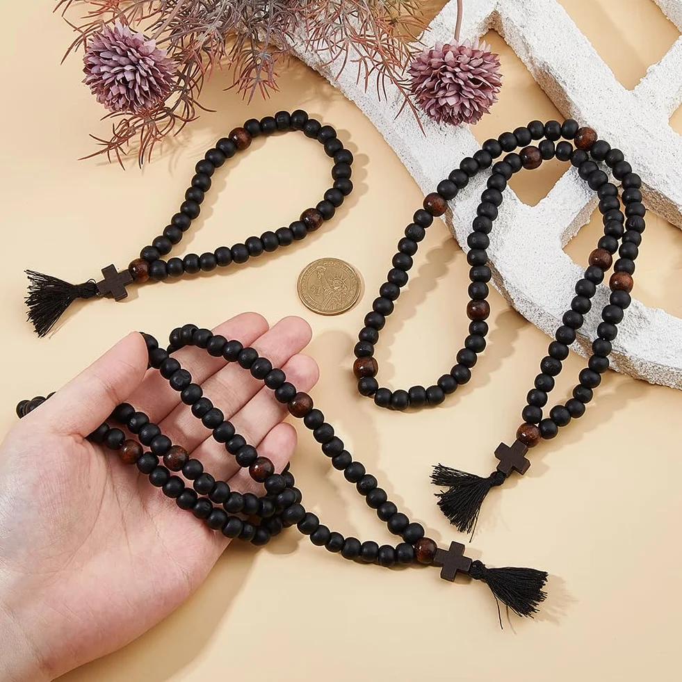 DICOSMETIC 3 corde da preghiera cristiana ortodossa Chotki in legno 30/80/100 nodi, perline per preghiera anglicana, croce nera, perline di benedizione con nappa, regalo religioso per uomini e donne