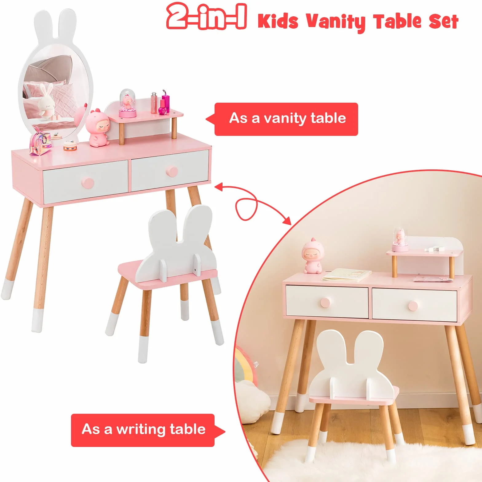 LIFEZEAL Tavolo da toeletta per bambini 2 in 1, specchio di coniglio, parrucchiere per bambini in legno con 2 cassetti e mensola, tavolino con specchio e sgabello per ragazze, tavolo da trucco, sedia