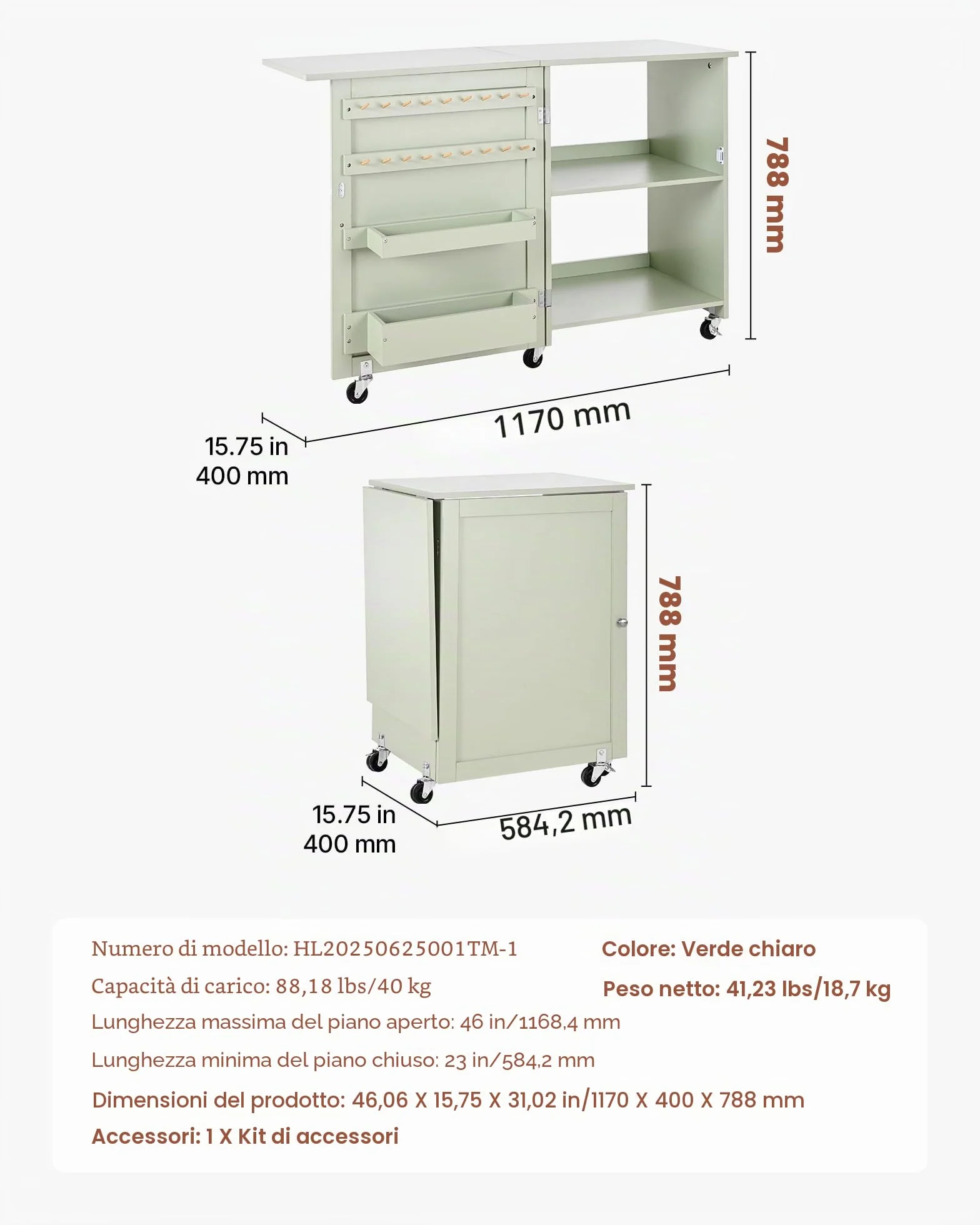 VEVOR Pieghevole Tavolo da Cucito per Macchina da Cucire 18,7 kg Verde Chiaro