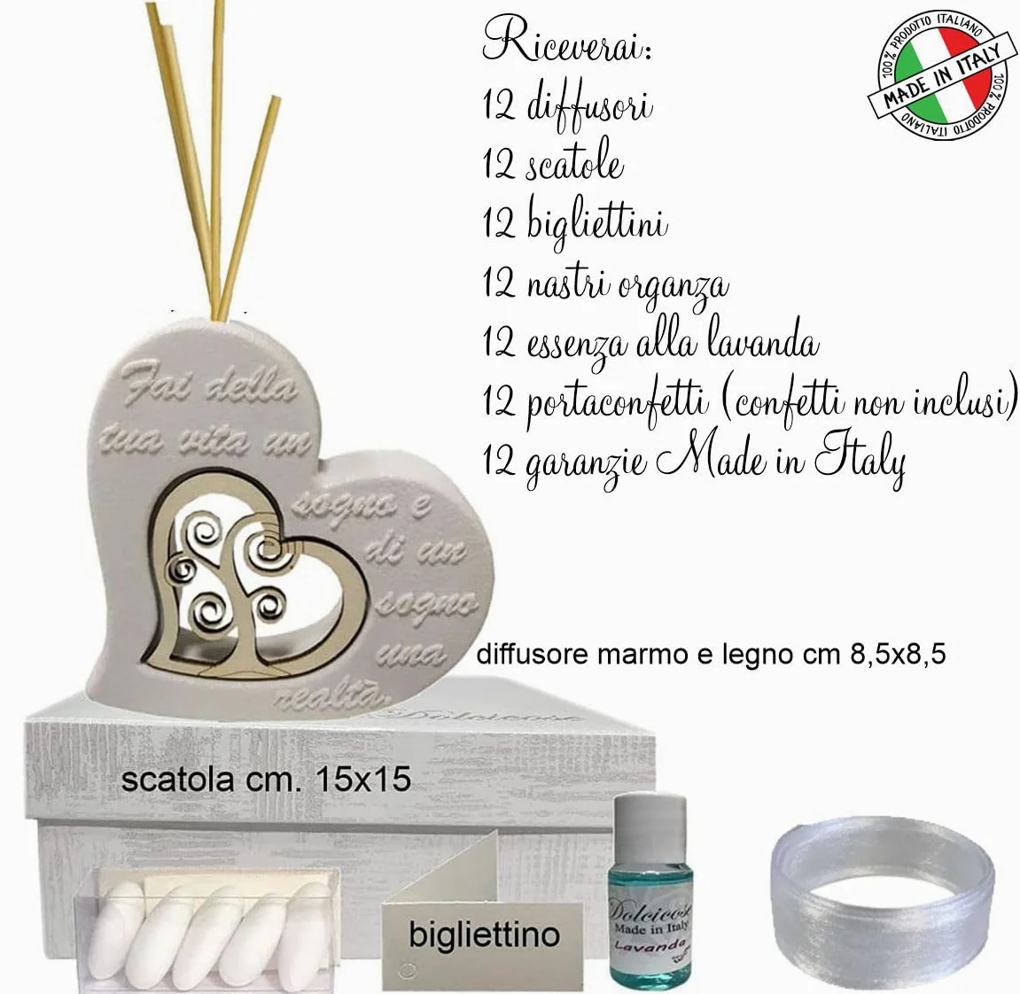 Regalami.shop 12 bomboniere profumatore in marmo di carrara e legno naturale con scatola, nasctro, bigliettino, portaconfetti ed essenza alla lavanda (set 12)