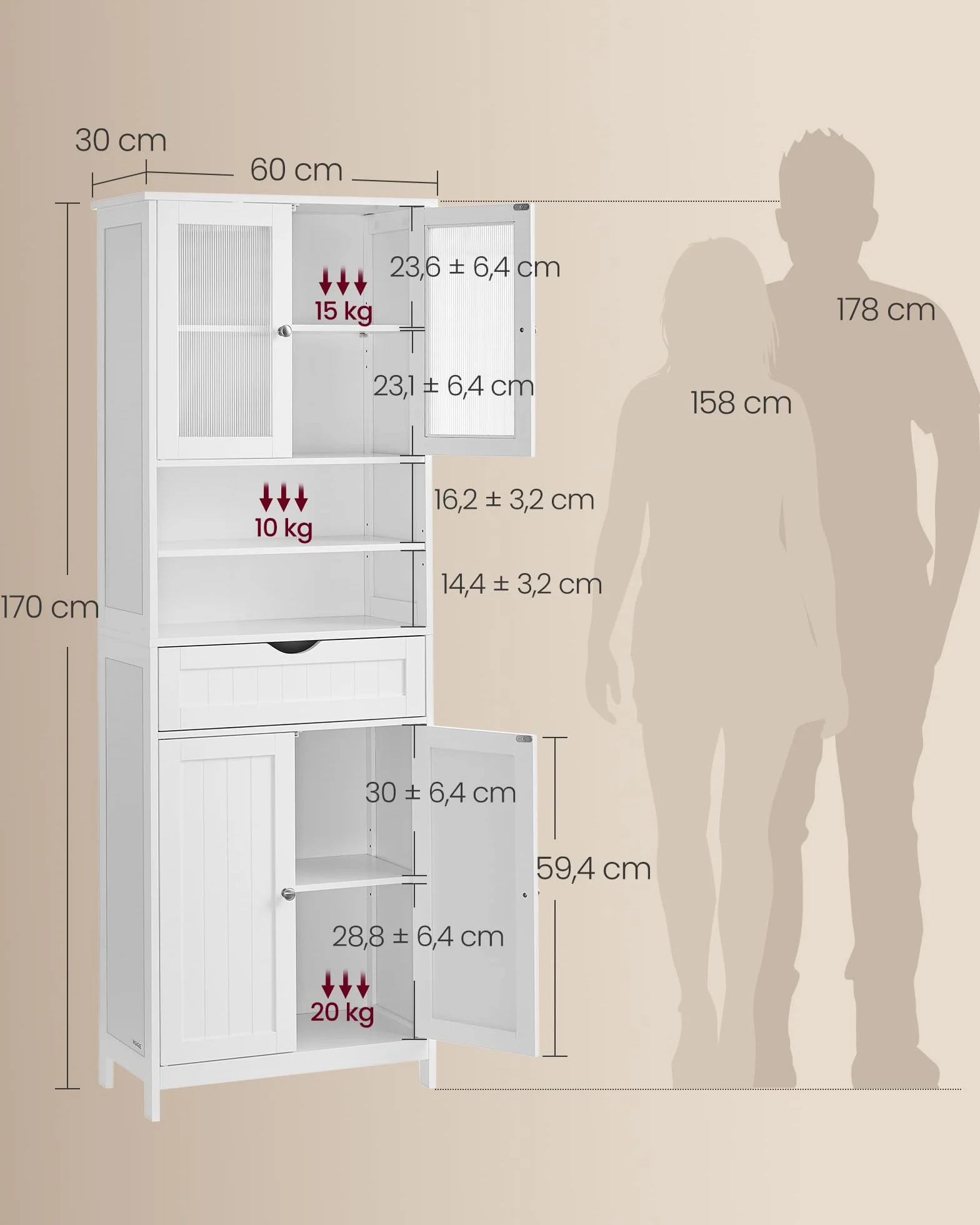 VASAGLE Mobiletto Contenitore, Armadietto da Bagno, con Ripiani Regolabili, Cassetto, Scomparti Aperti, per Bagno, Soggiorno, Sala da Pranzo, Bianco Nuvola BBC768W01