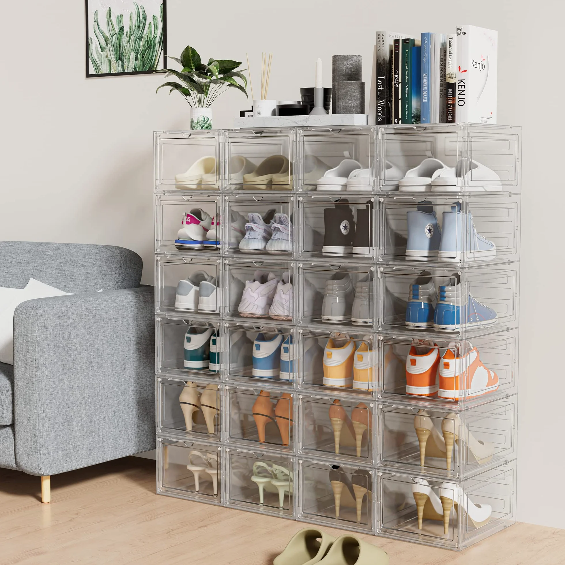 HOMIDEC 6 pcs Scatole per Scarpe in Plastica Trasparenti Impilabili con Coperchi 35x25x18.7cm