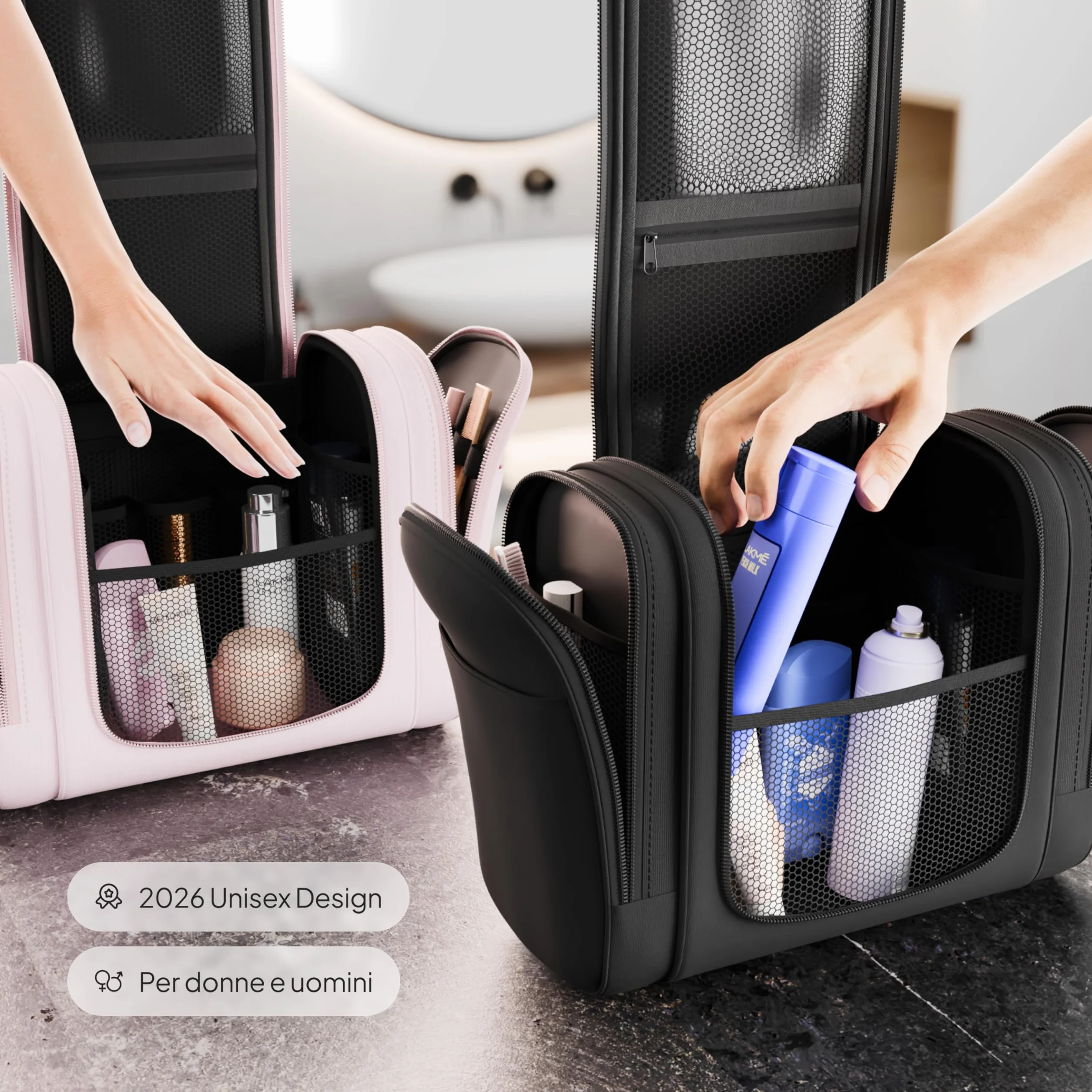 VanLindson Beauty Case da Viaggio XXL 9 Litri 3-in-1 Trousse Appendere Impermeabile Borsa Toilette Nero Opaco
