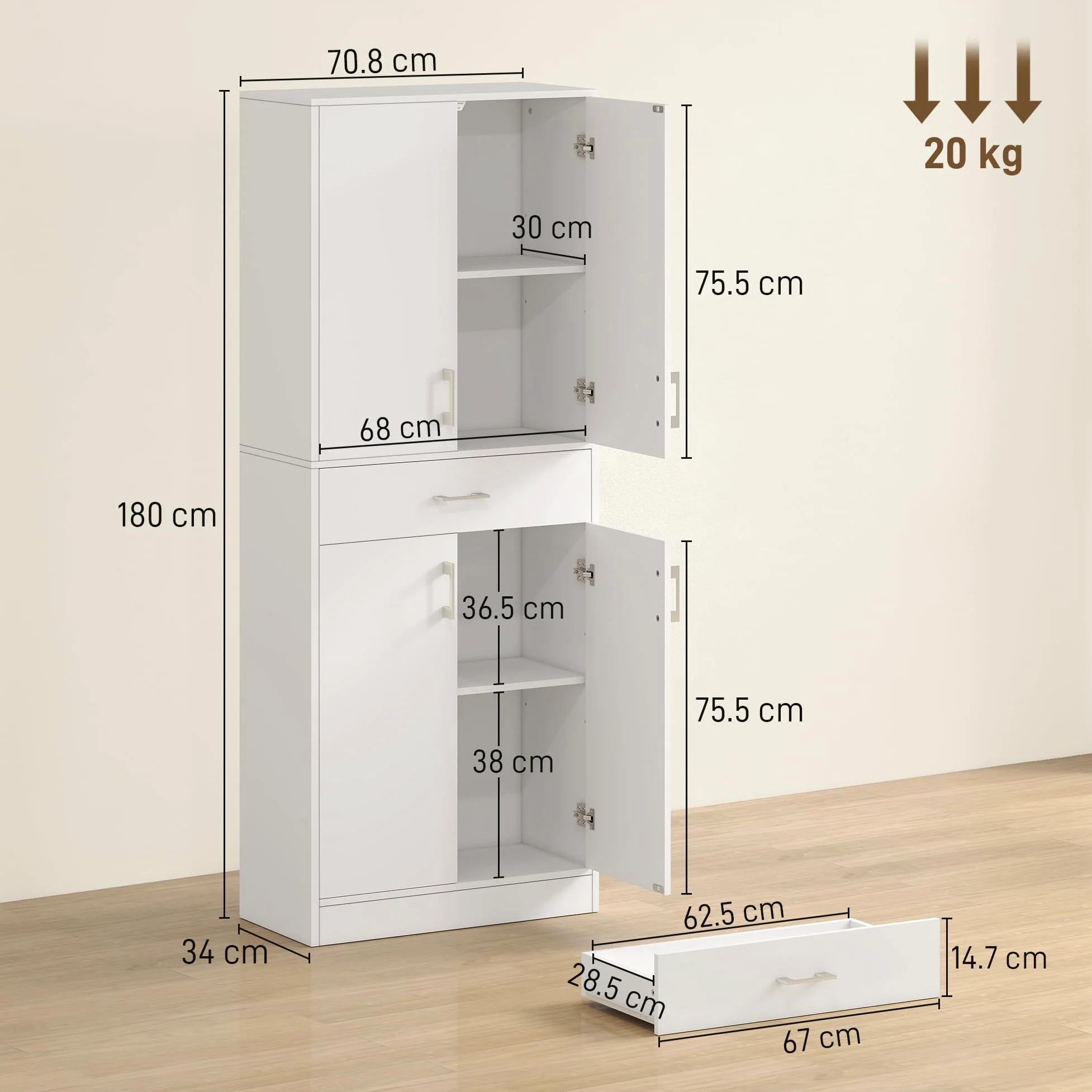 HOMCOM Credenza Cucina Alta, Mobile Dispensa con 2 Armadietti e Cassetto Grande, Mobile Cucina con Ripiani Regolabili, per Sala da Pranzo, Soggiorno, Salotto, 70.8x34x180 cm, Bianco