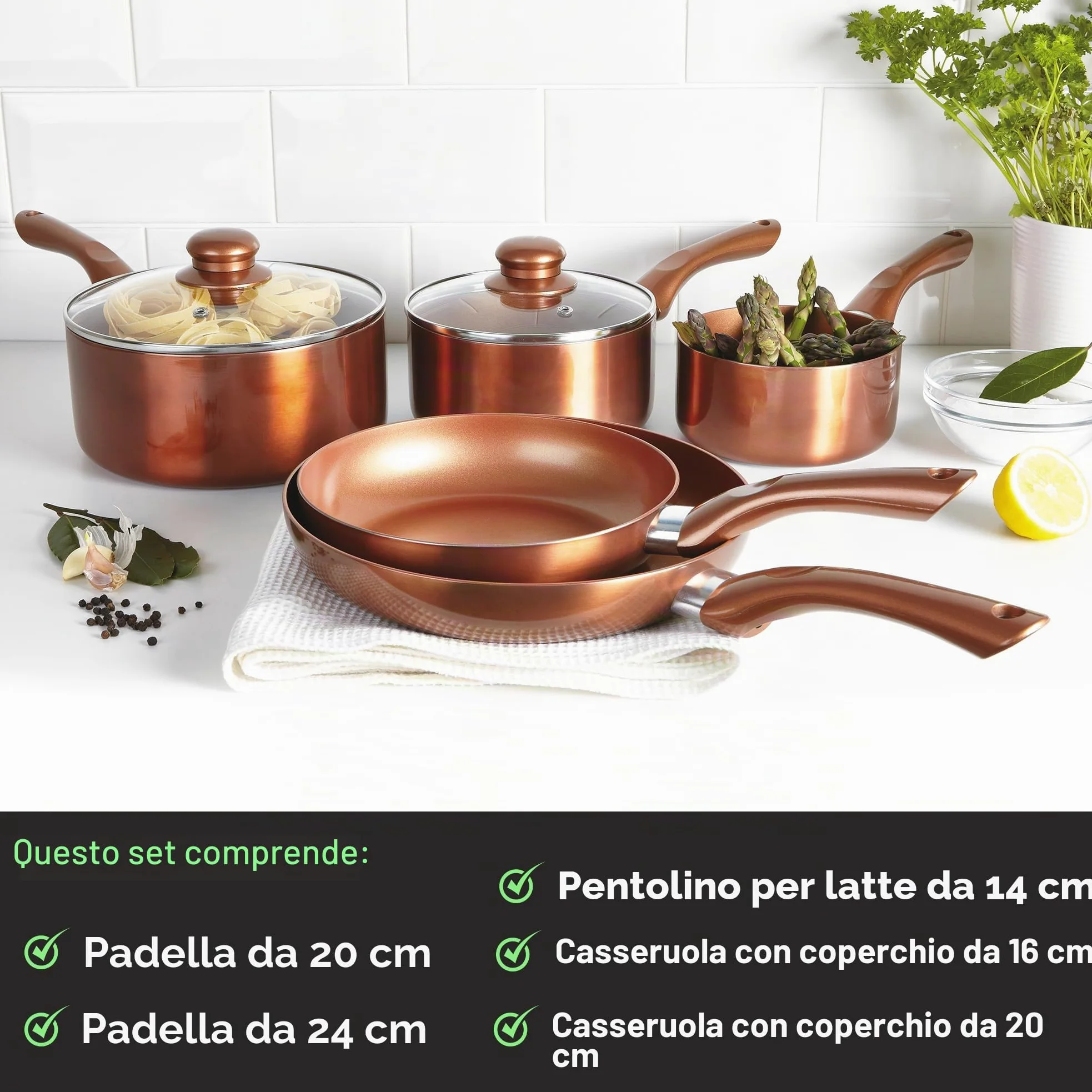 Set di 5 pezzi in ceramica, alluminio, rame, 46 x 29 x 13 cm