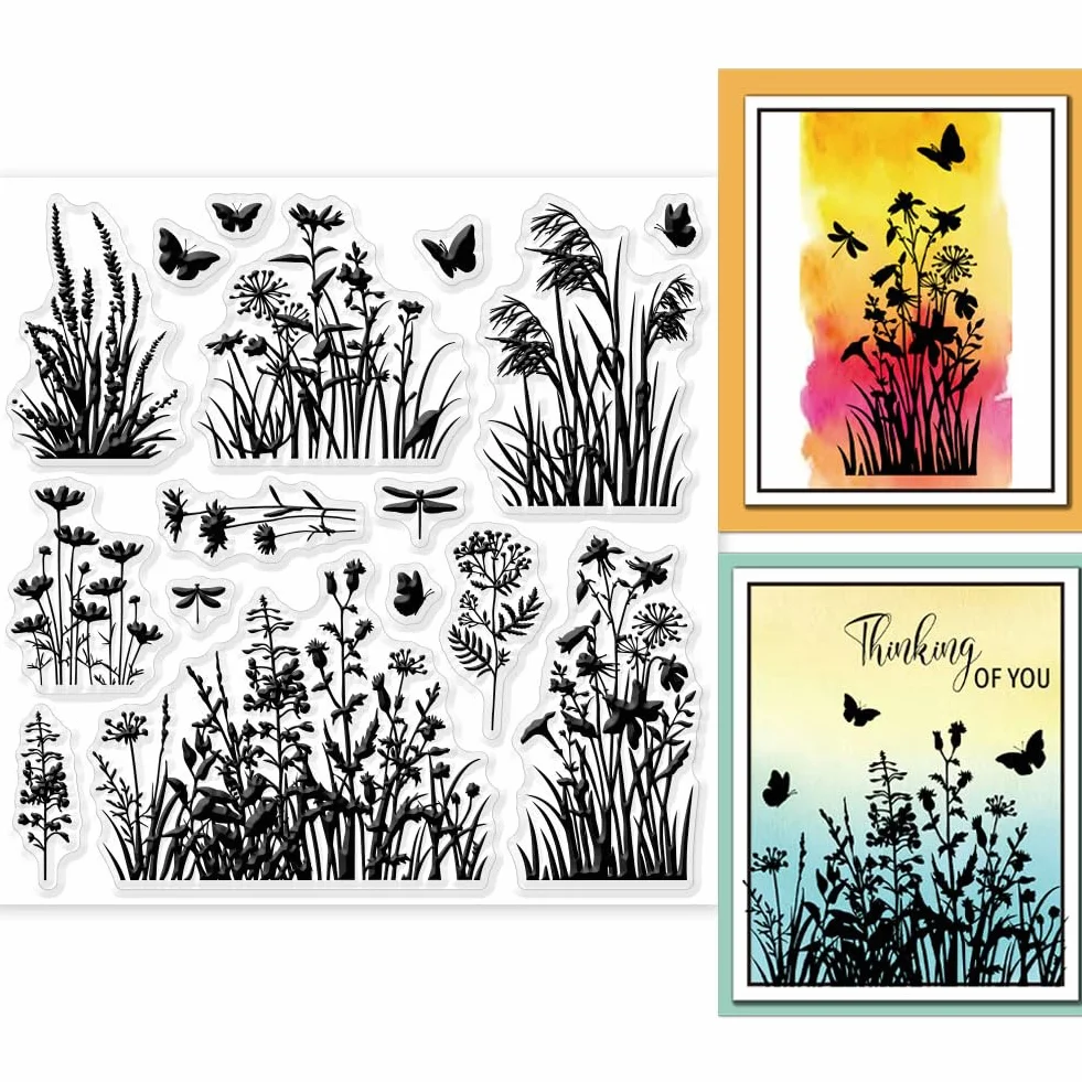 GLOBLELAND Fiori Canne D'Erba Timbri Trasparenti per Fai Da Te Scrapbooking Fiori di Campo Sigilli per Timbri Trasparenti In Silicone 15x15 cm Francobolli Trasparenti per Carte Produzione Diario
