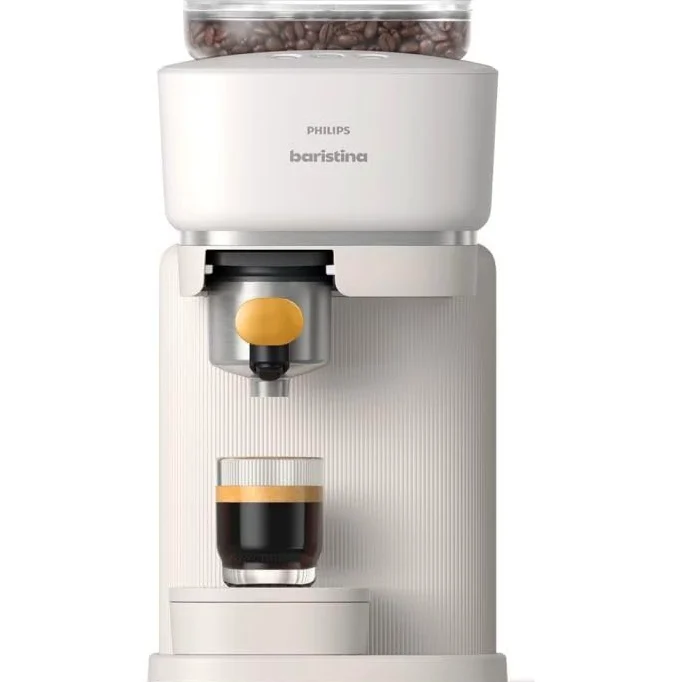 PHILIPS Baristina - Macchina per caffè espresso reale, made simple, macchina da caffè compatta, bianco naturale con portafiltro giallo mango, pressione pompa 16 bar, macinino automatico, Cafe Crema