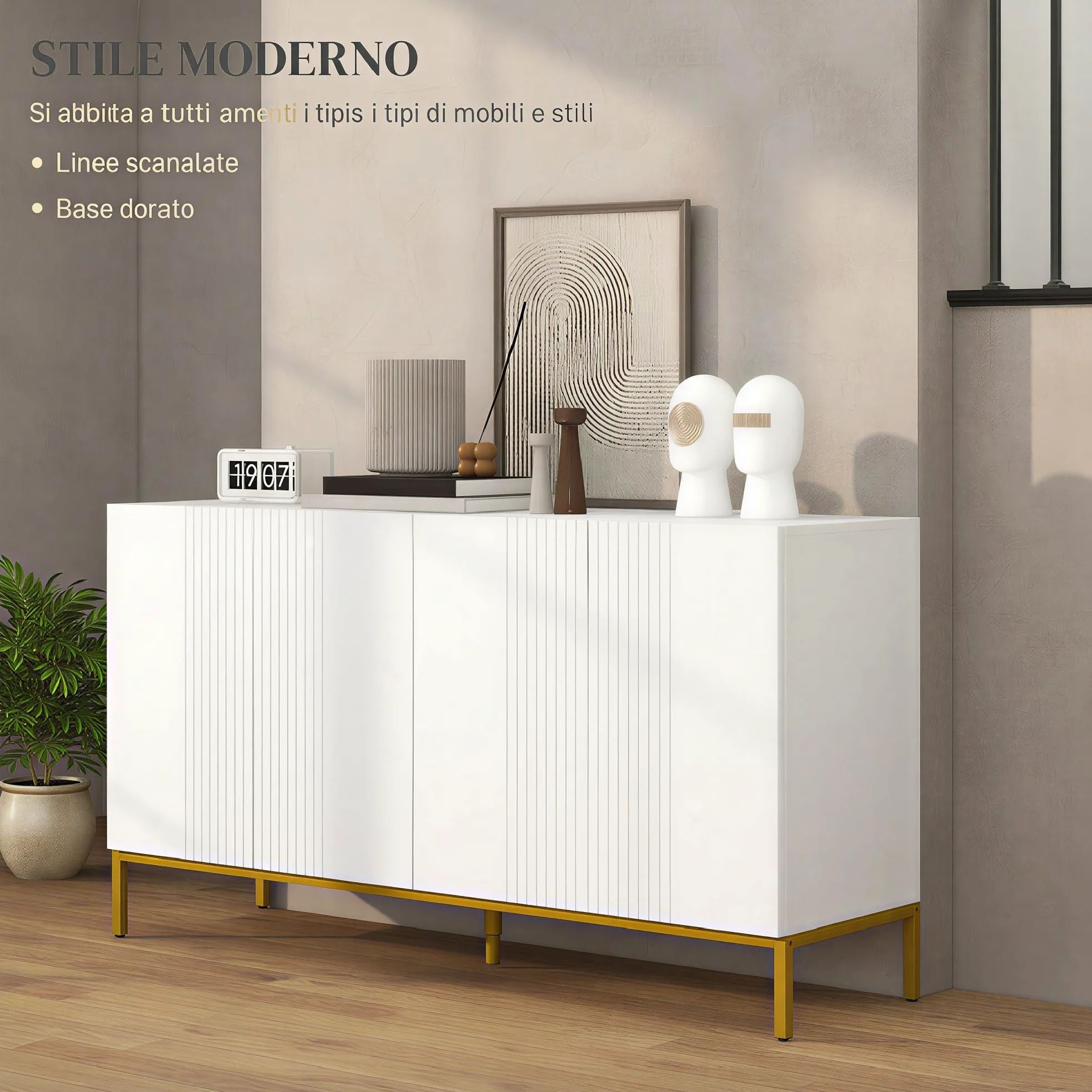 HOMCOM Credenza Moderna con 4 Ante e Mensole Regolabili Mobile da Soggiorno e Salotto con Chiusura Soft Close Bianco e Oro