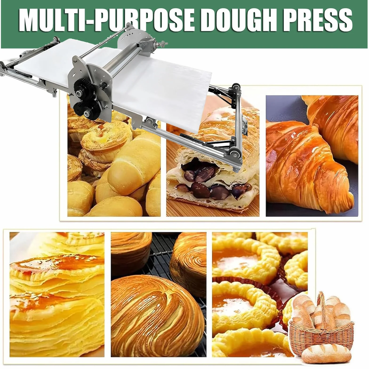Sfogliatrice Pieghevole, Elettrica in Acciaio Inox, con Impostazioni di Spessore Regolabili da 0,2 a 3 Cm, Rotazione avanti E Indietro, per Pasta Sfoglia E Pasticceria