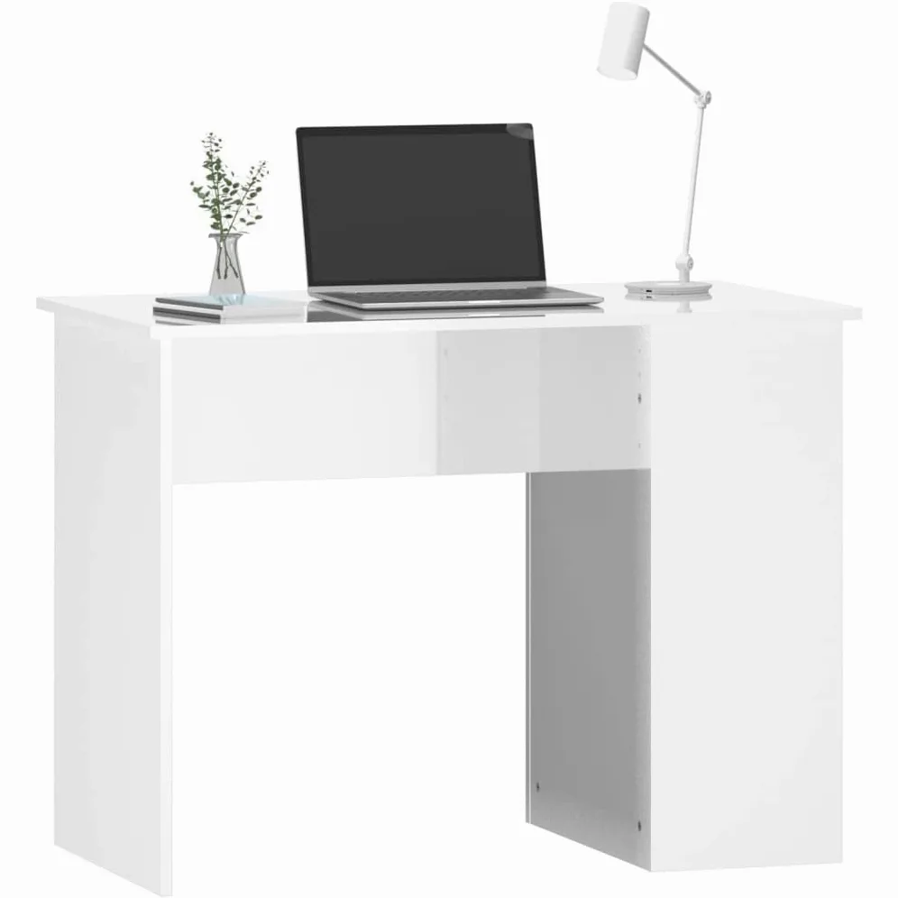 Scrivania bianca lucida, 100 x 55 x 75 cm, scrivania per computer con 2 scomparti, in legno, per studio e ufficio, moderna scrivania da ufficio con spazio per libri e raccoglitori