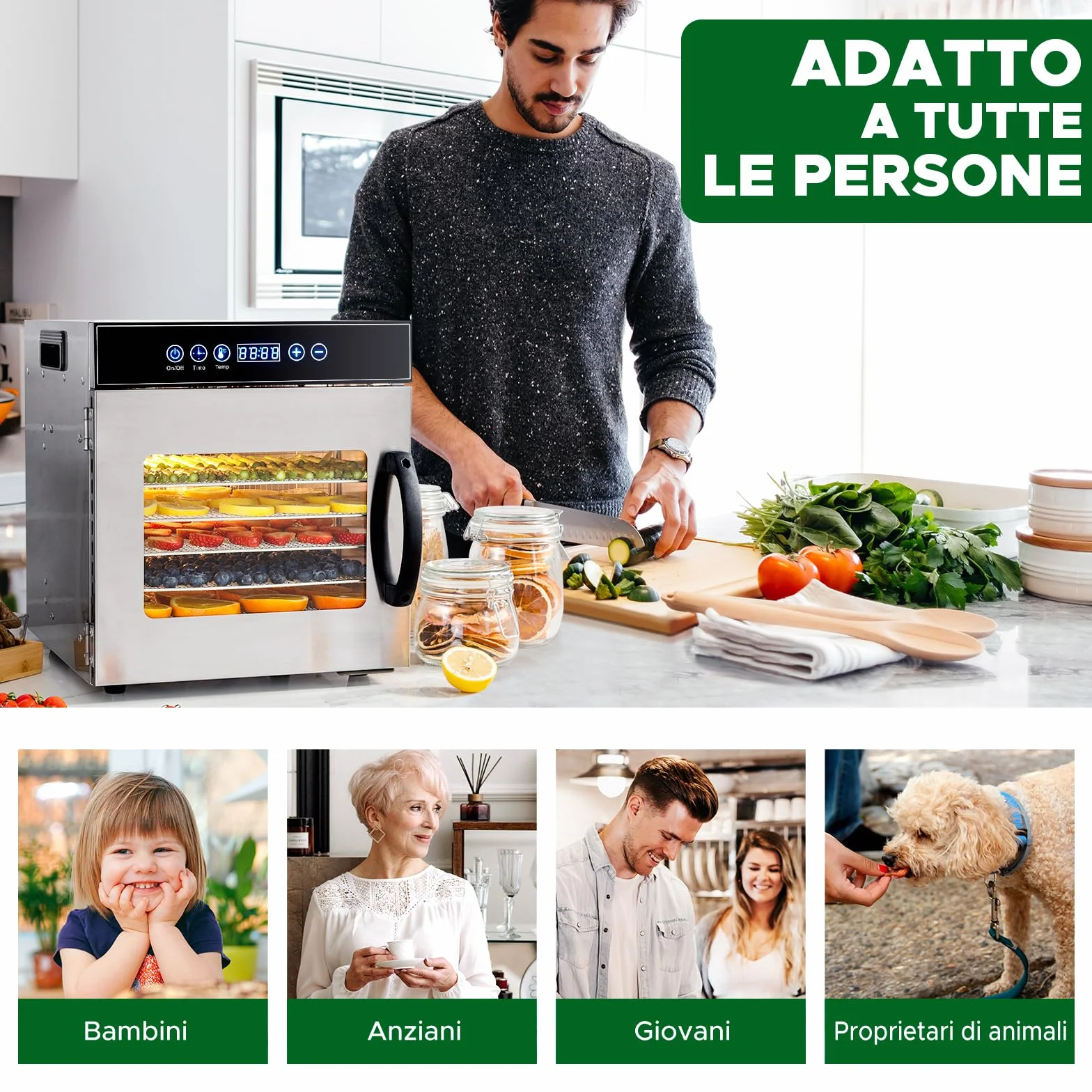Kwasyo Essiccatore Alimentare Acciaio Inox, 8 Vassoi Con Display LCD, 24 ore Timer, 30-90°C Temperatura Regolabile,500W Essiccatore di Frutta e Verdura, Vassoi Lavabili in Lavastoviglie