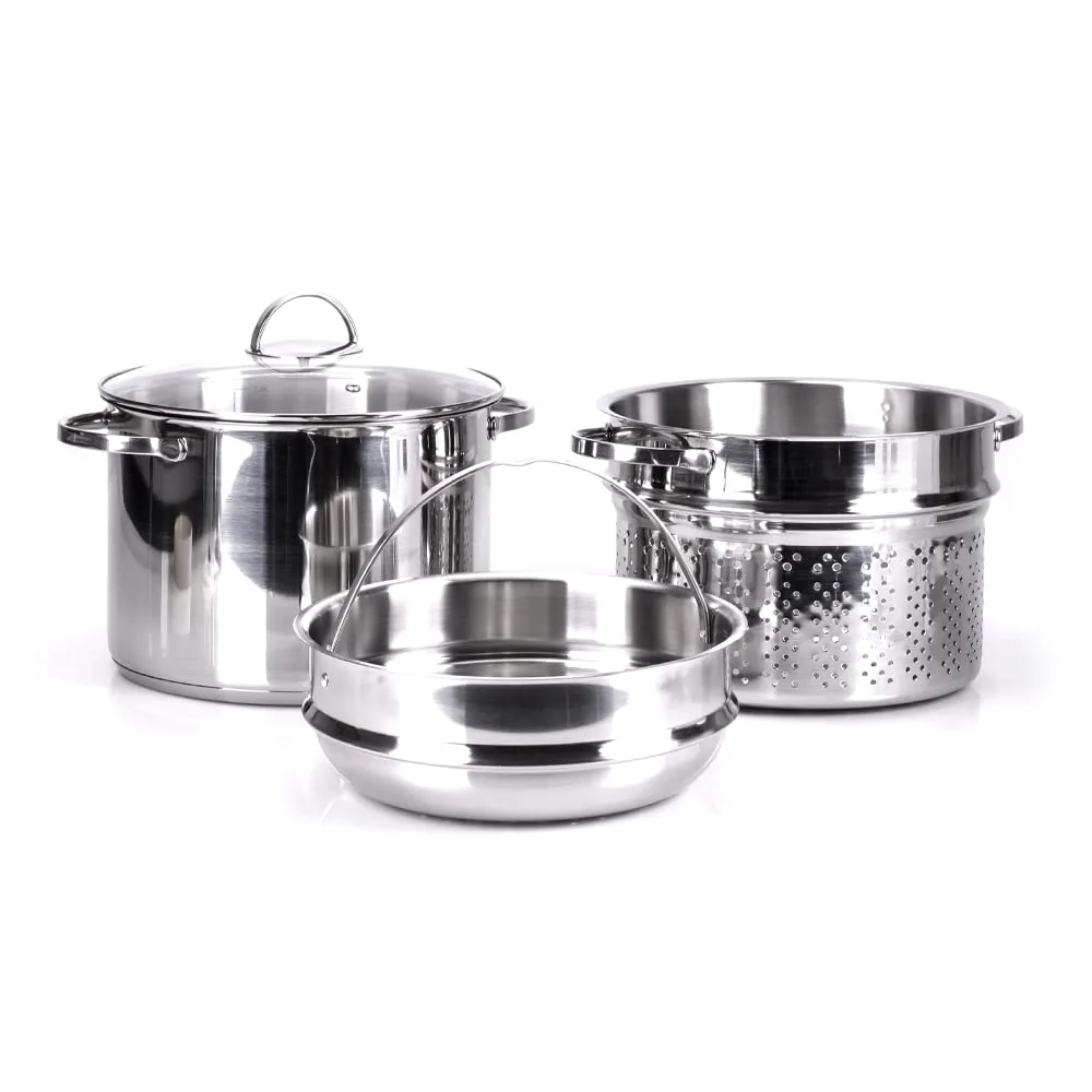 Moneta Pastaiola Allegro Inox 24 cm 7 litri, con doppio cestello, scolapasta e cestello vapore. Per tutti i fuochi, compresa induzione., A01A167502