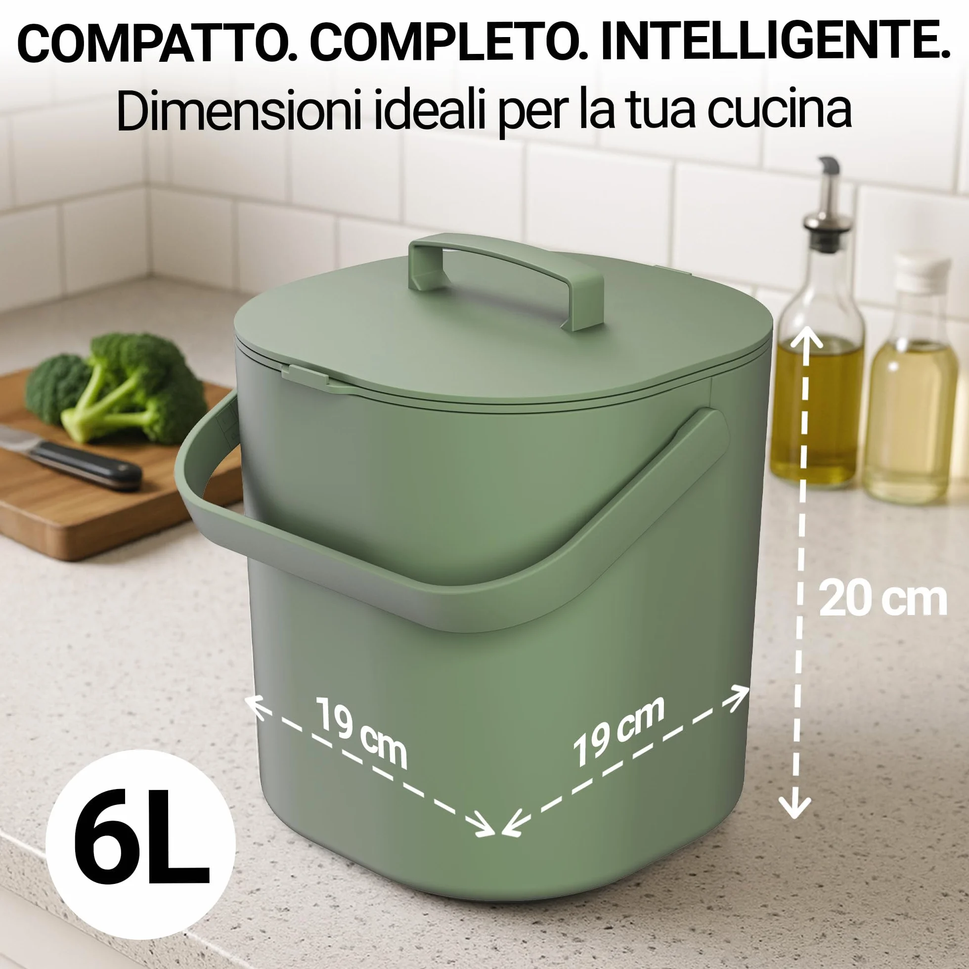 PTMS® Bidone Umido 6L – Cestino Umido coperchio da appendere e setaccio interno – Pattumiera Umido Cucina lavabile in lavastoviglie, compatta e funzionale – Disponibile in 5 colori