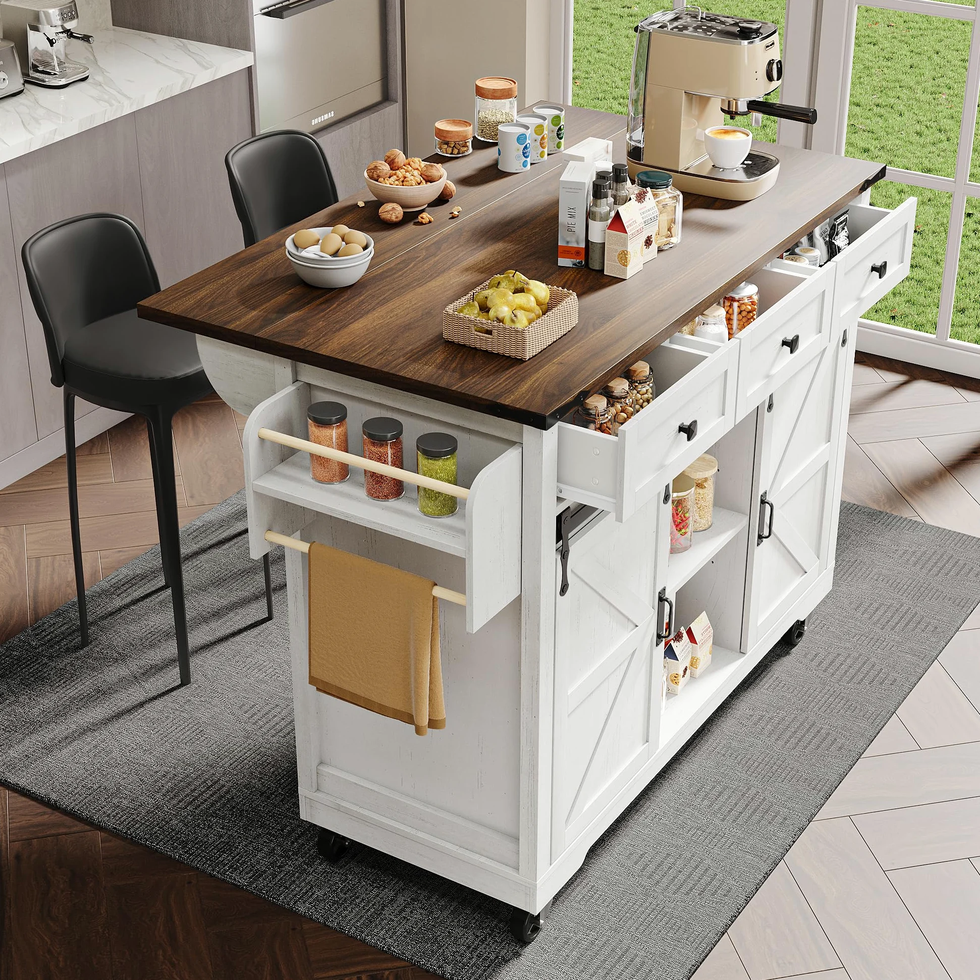 Isola della Cucina, Carrello da Portata Con Piano di Lavoro Estraibile, Su Ruote, Armadio Con Ante e Cassetti (Due Ante+Tre)