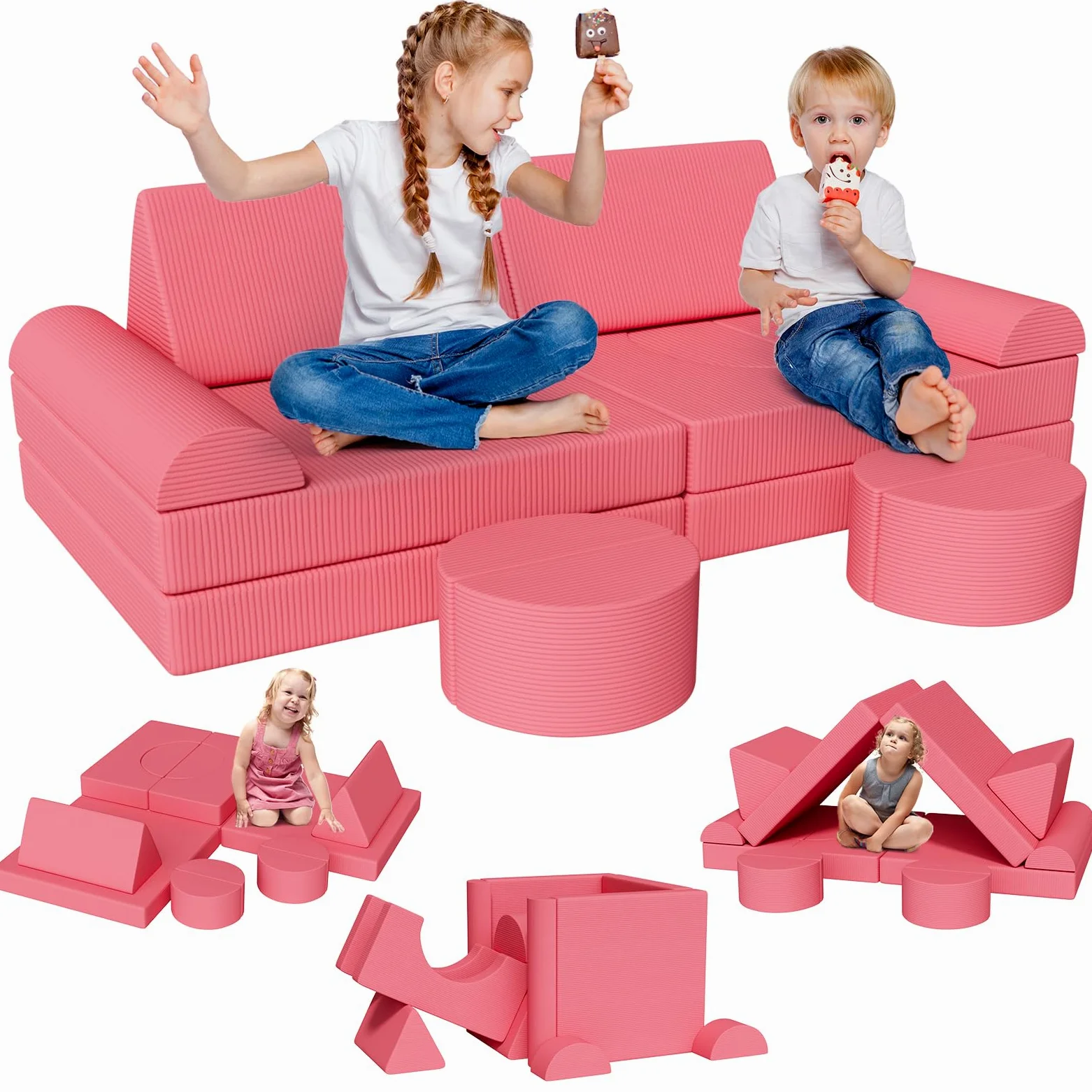 Clevich Divano Modulare Per Bambini, 15 Pezzi Divani Trasformabile, Divano da Gioco per Bambini, Mobili Creativi per Zona Notte e Sala Giochi, Velluto a Coste (Rosa)