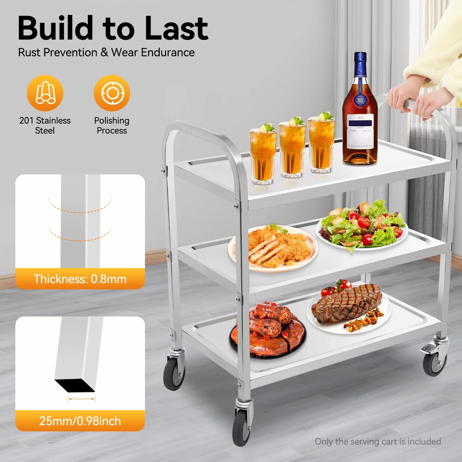 Carrello da portata a 3 ripiani, in acciaio inox con ruote e freni, 75 x 40 cm, carrello da cucina arrotolabile, portata 20 kg per livello, per ristorante, cucina e casa