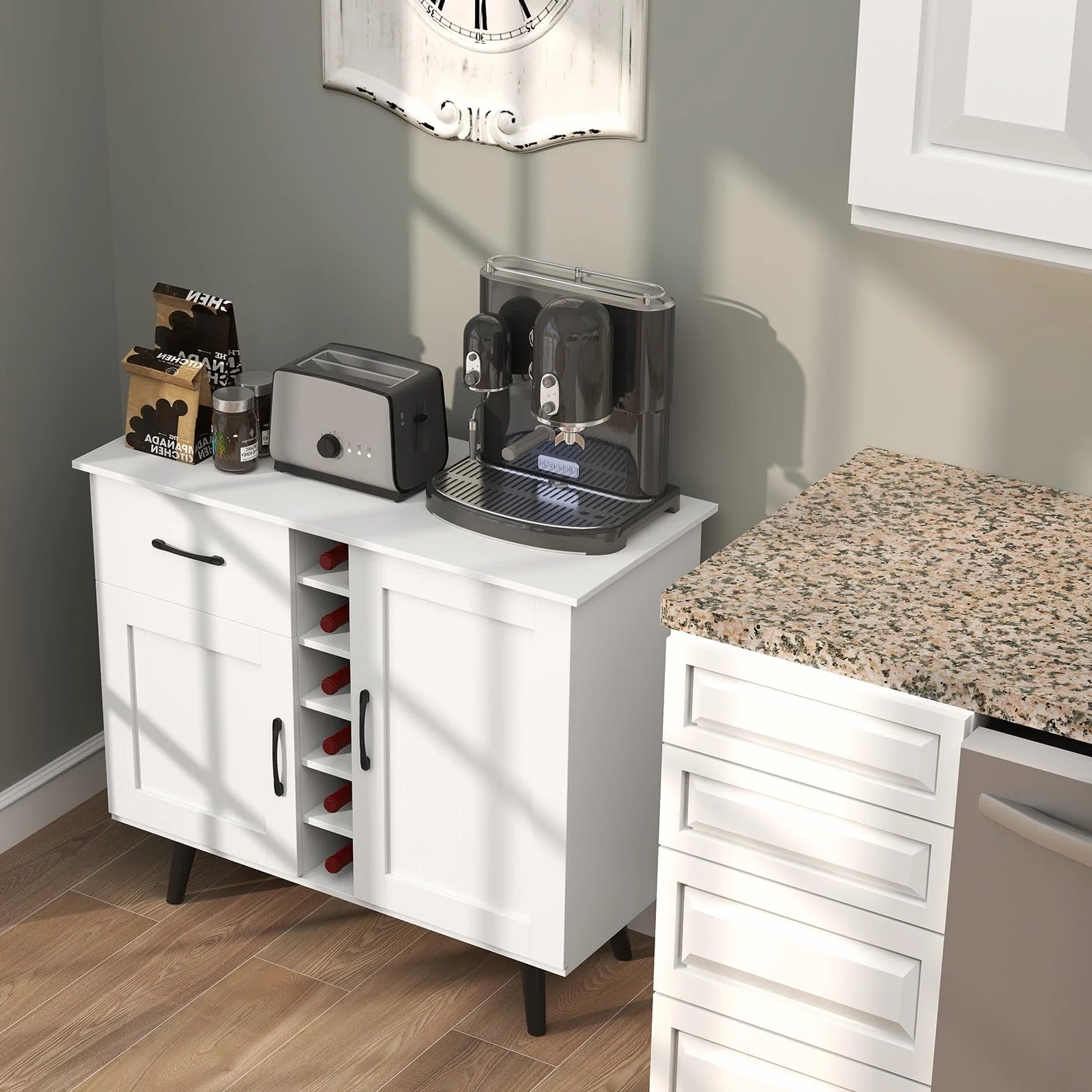 RELAX4LIFE Mobile Bar per Vino, Credenza con 2 Ante e 1 Cassetto, Porta Bottiglie da 6, Ripiani Regolabili, Credenza con Spazio per Vino per Cucina, Sala da Pranzo, Soggiorno