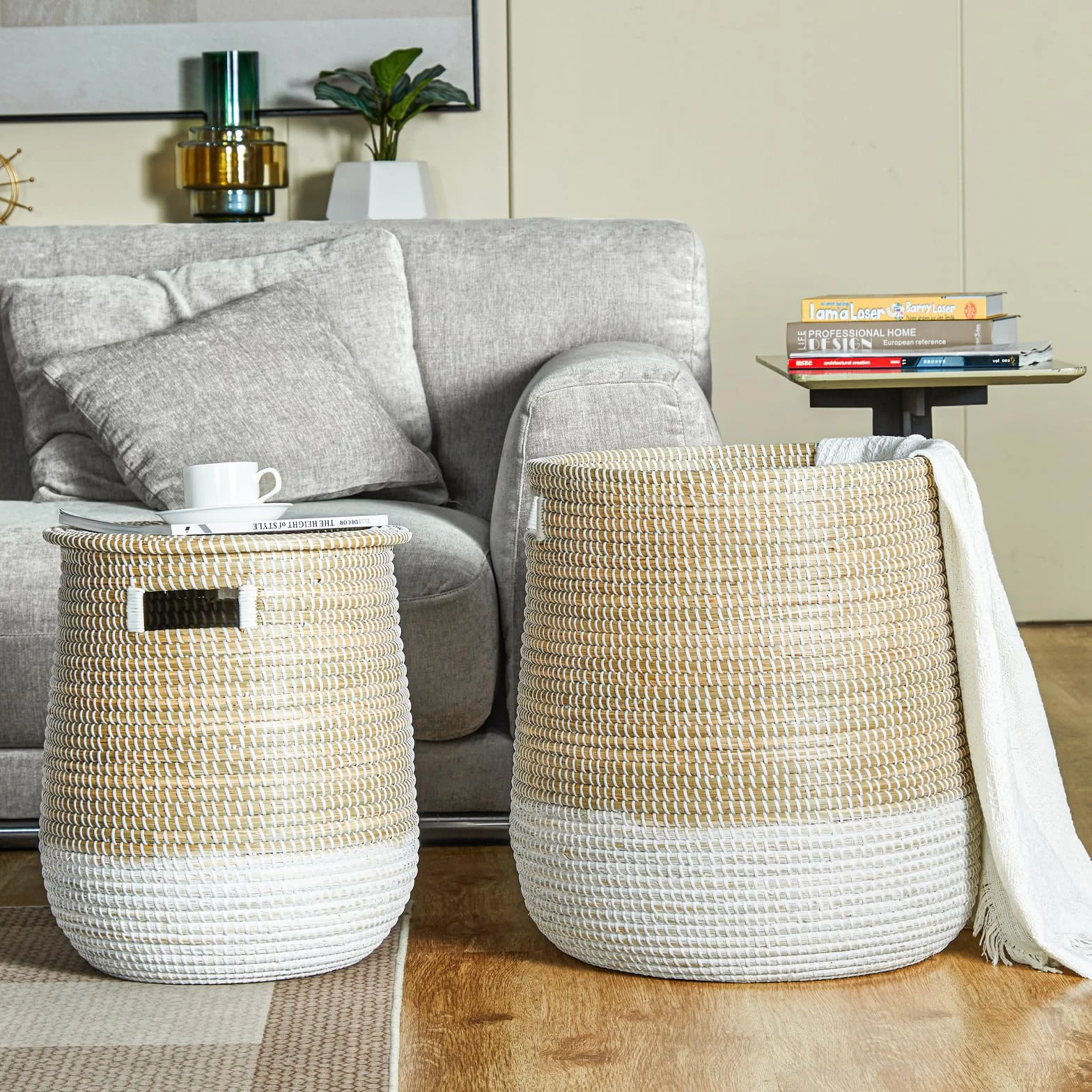 Cesto Portabiancheria Grande con Coperchio, Cesto Intrecciato in Alghe Marine, Adatto per Riporre Vestiti, Giocattoli e Cuscini, Bianco e Marrone, 45,14 L/86,38 L
