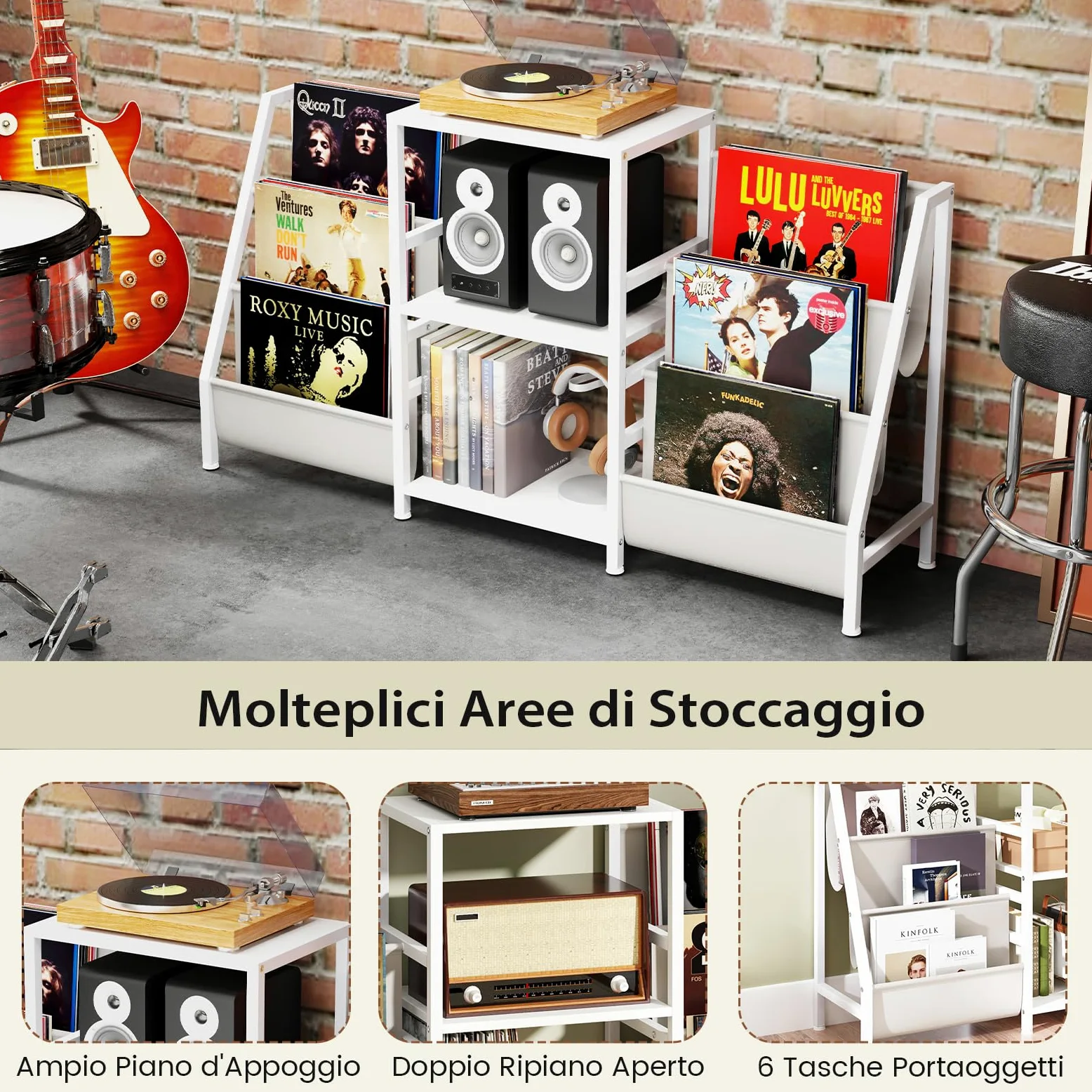 COSTWAY Supporto per Giradischi per Vinili, Porta Giradischi Vinili Fino a 200 Album con 3 Ripiani, 6 Tasche di Archiviazione e Struttura in Metallo, per Casa Studio e Caffè, 125x30x69 cm (Bianco)