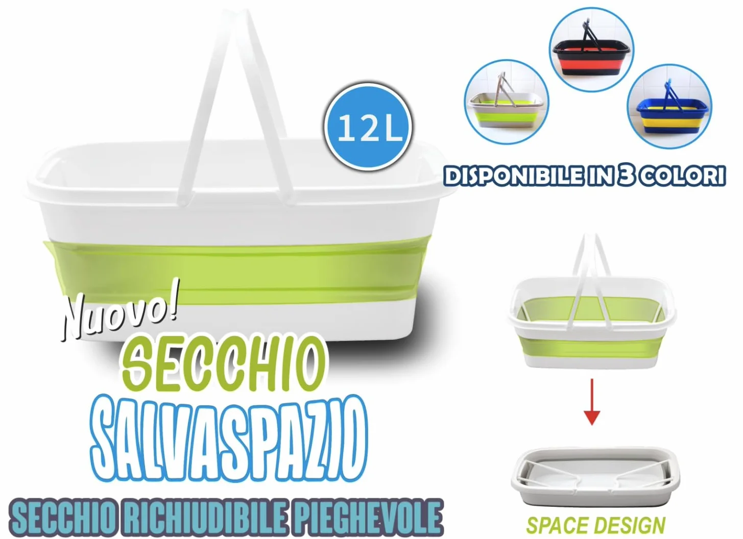 Meridiana - Secchio Pieghevole rettangolare 15 Litri in Silicone - Secchiello Richiudibile 15l per Pulizie Bucato Campeggio Pesca - Secchio Portatile Acqua -GRIGIO VERDE (compatibile con SPACE MOP)