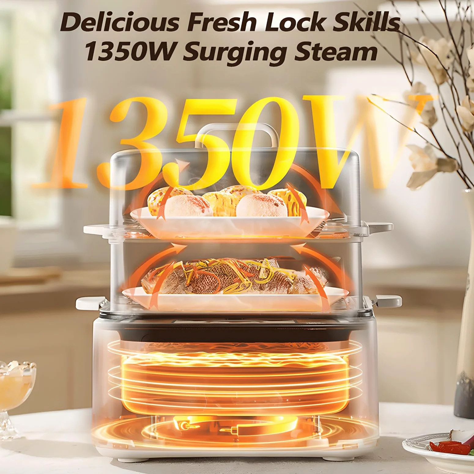 Vaporiera elettrica, 8/12/16 l, 1350 W, vaporiera per Verdure con Touch Screen, Timer 24 Ore, 8 funzioni Menu, Isolamento a Doppia modalità, vaporiera Multifunzione Intelligente in Acciaio Inox 16L