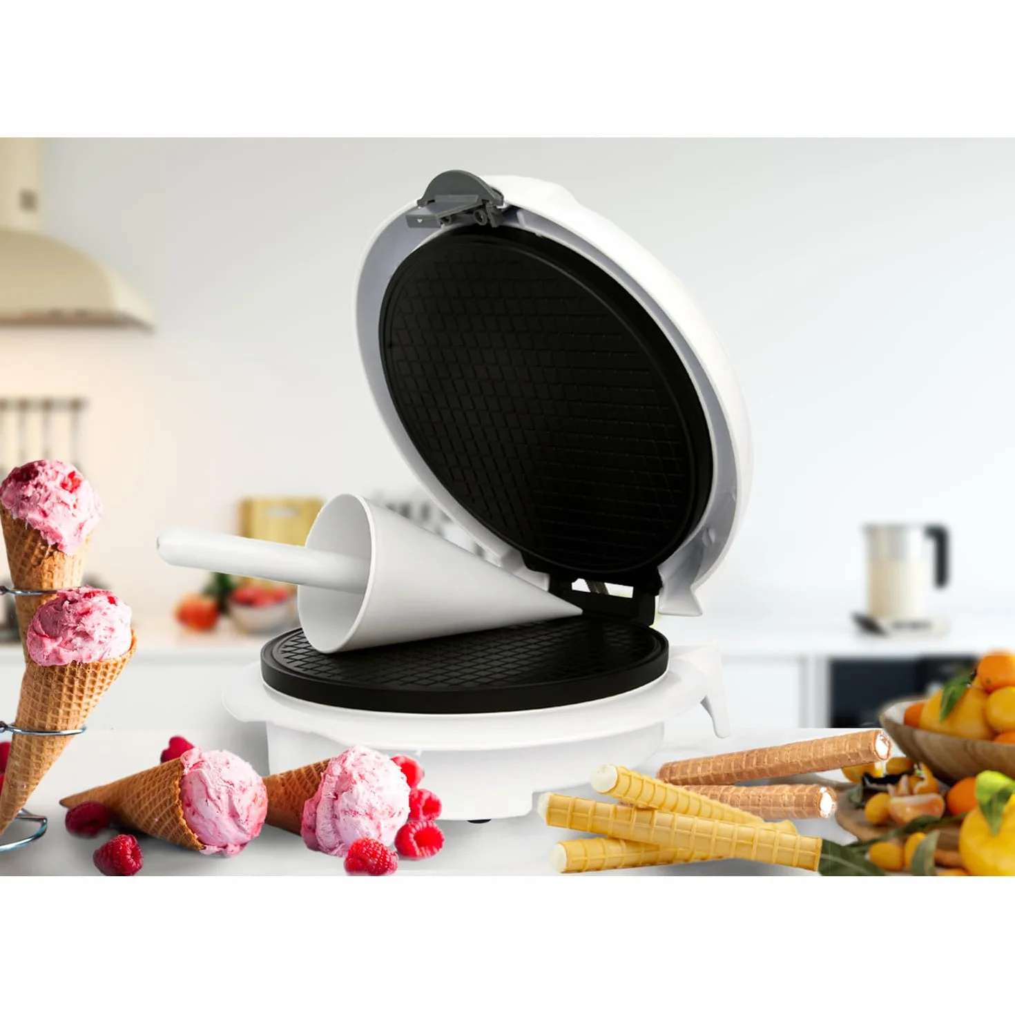 ADLER Macchina per cialde, Diametro 18 cm Piastre Antiaderenti, Regolatore di Temperatura, Coni per Gelato, Wafer Maker Bianco, 1500 W