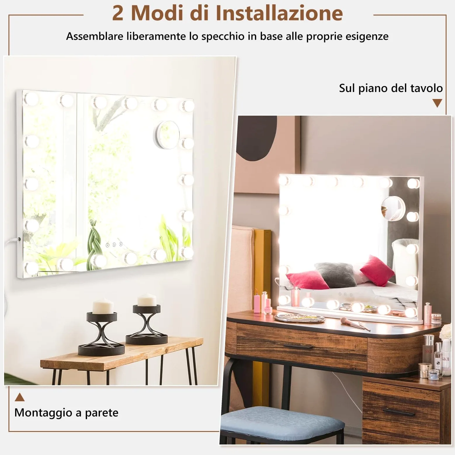 RELAX4LIFE Specchio Trucco con Luci 65 x 52,5 cm, Specchio Cosmetico da Parete/Tavolo con 18 Lampadine, 3 Colori di Luce, 4 Luminosità Regolabile, Touch Screen, per Camera da Letto (65 x 52,5 cm)