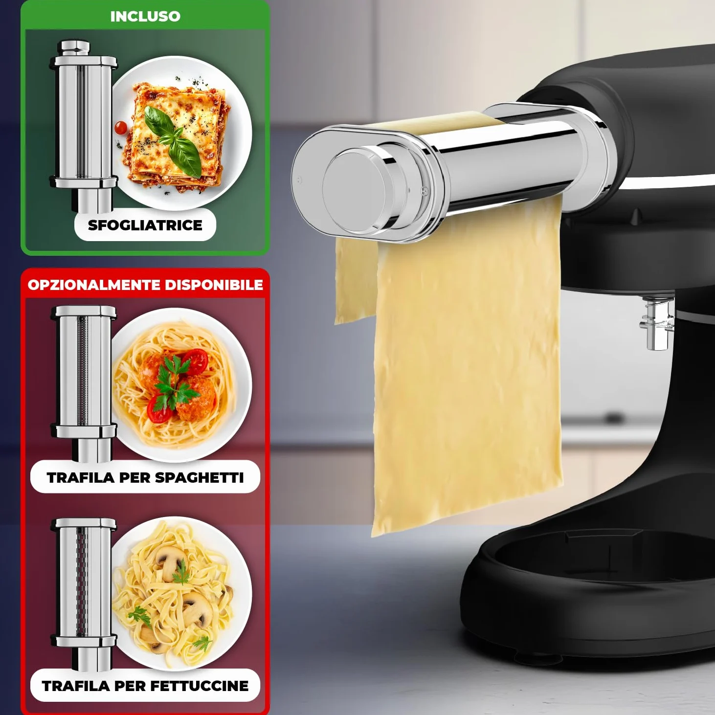 Impastatrice Planetaria con Macchina per la Pasta – 2000W – Robot da Cucina con Macchina per Pasta Fresca – Macchina Pasta - 6,2L Ciotola in Acciaio Inossidabile (Nero)