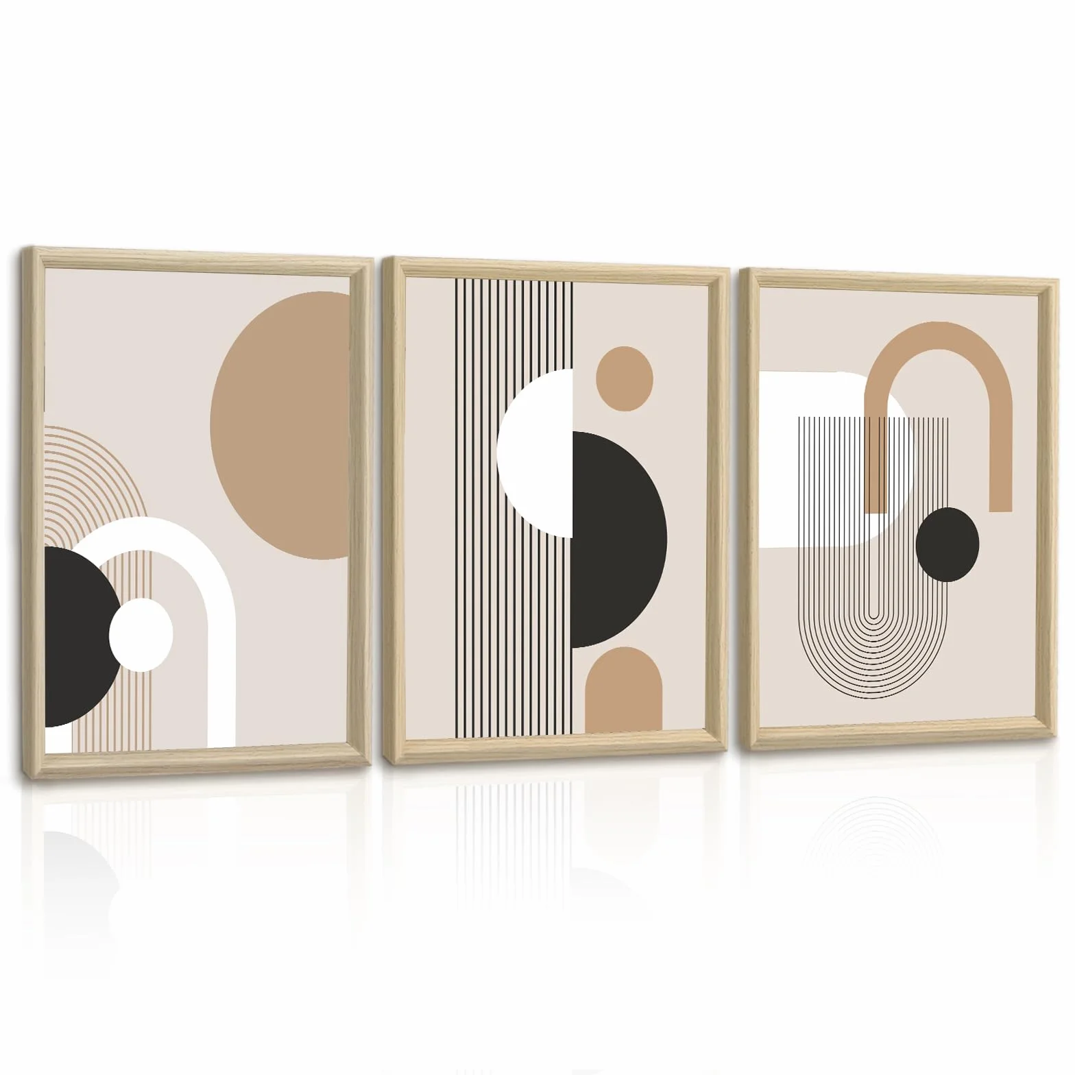 3Pcs Quadri Moderni Linee Geometriche di Metà Secolo Stampa Su Tela Con Cornice, Minimalista Nordico Stampe Da Parete Bianco Marrone Quadro Pittura Decorazioni per Soggiorno Camera da letto 40x60cmx3