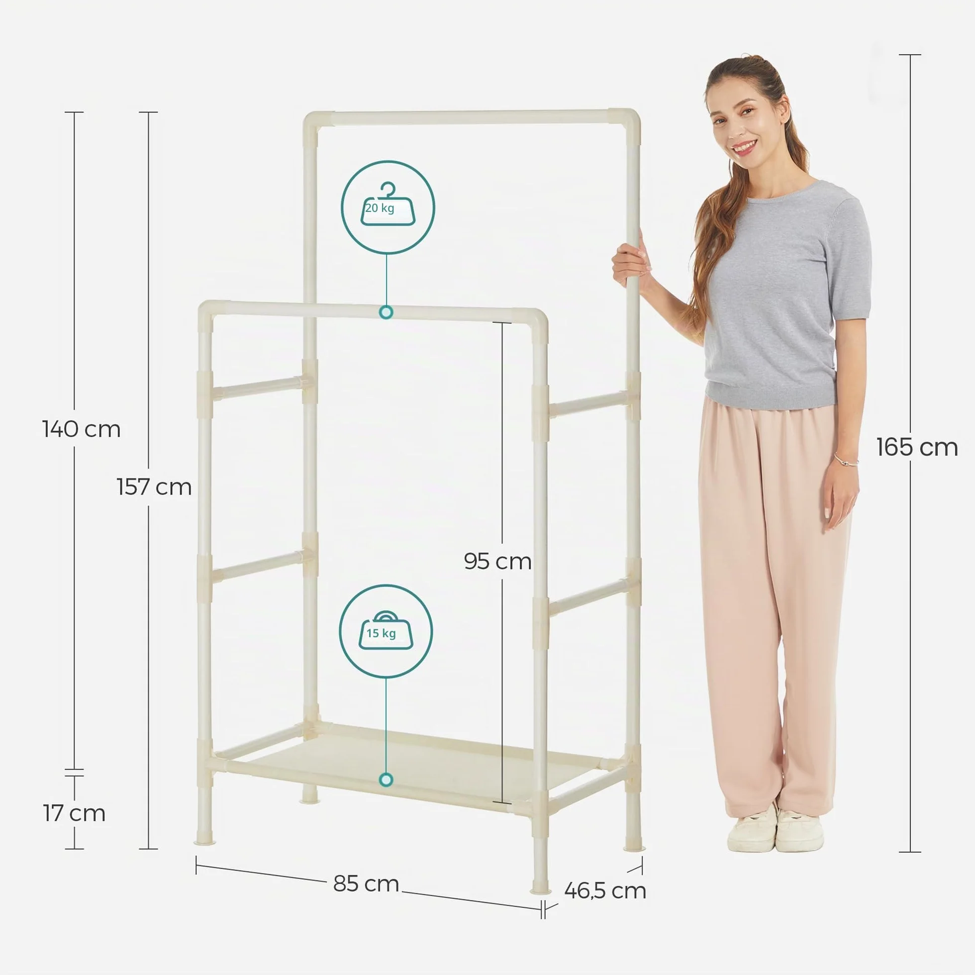 SONGMICS Stand Appendiabiti da Terra in Metallo 2 Barre Ripiano Portaoggetti Max Portata 55 kg Bianco RDR01WT