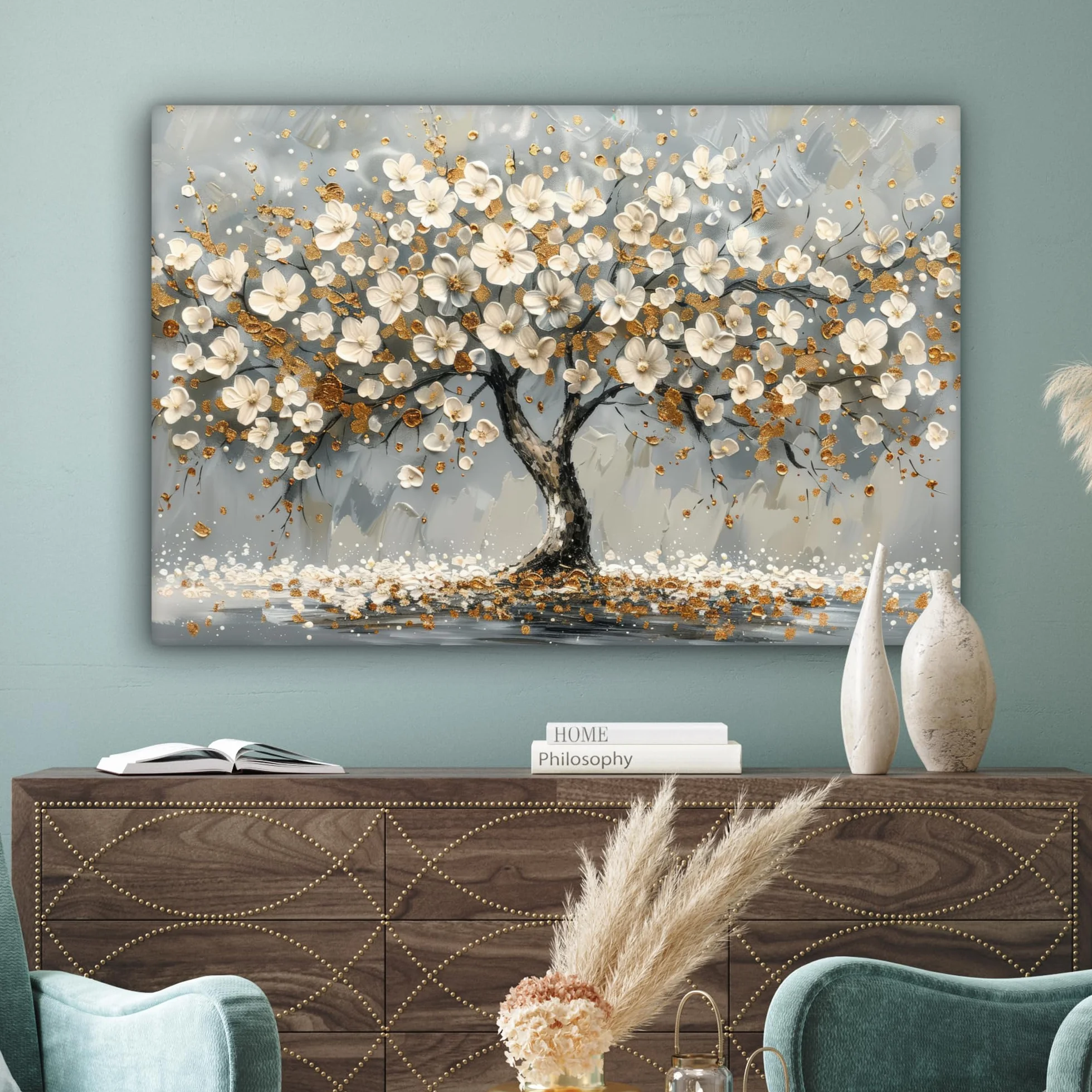 MuchoWow Quadro Moderno 120x80 cm Tela Stampa Fiori Astratto Bianco Decorazione Parete