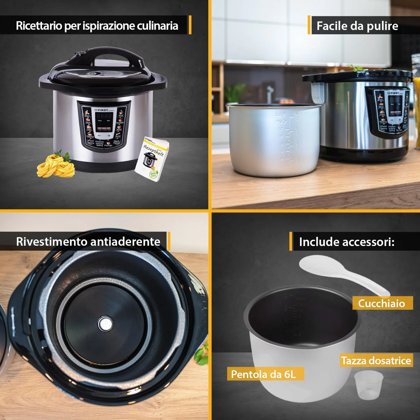 TZS First Austria Multicooker a Pressione Elettrico 6L 1000W 9 Programmi Automatici