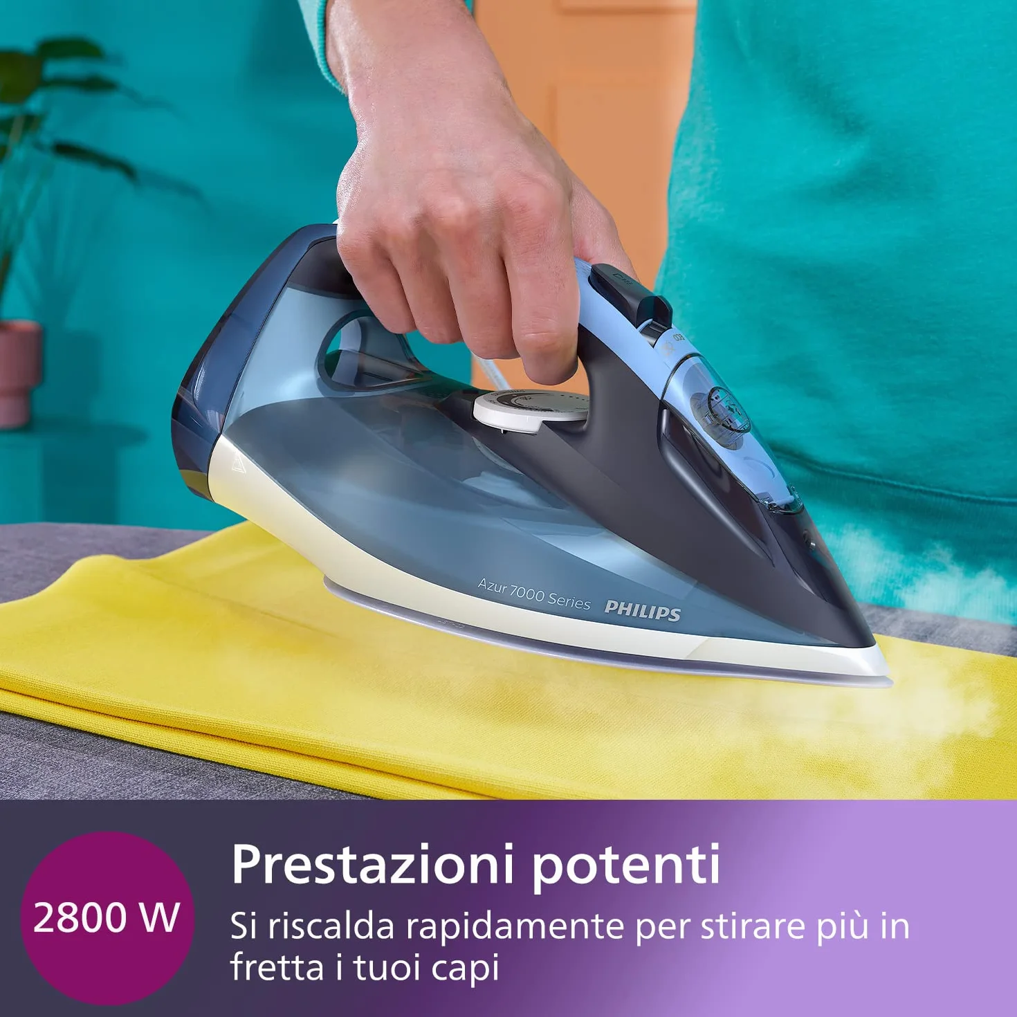 Philips Azur Series 7000 Ferro da Stiro a Vapore - 2800 W, Vapore Continuo 50g/min, Colpo Vapore da 250 g, Vapore Verticale, Piastra SteamGlide Plus, Blu/Azzurro (DST7020/20)