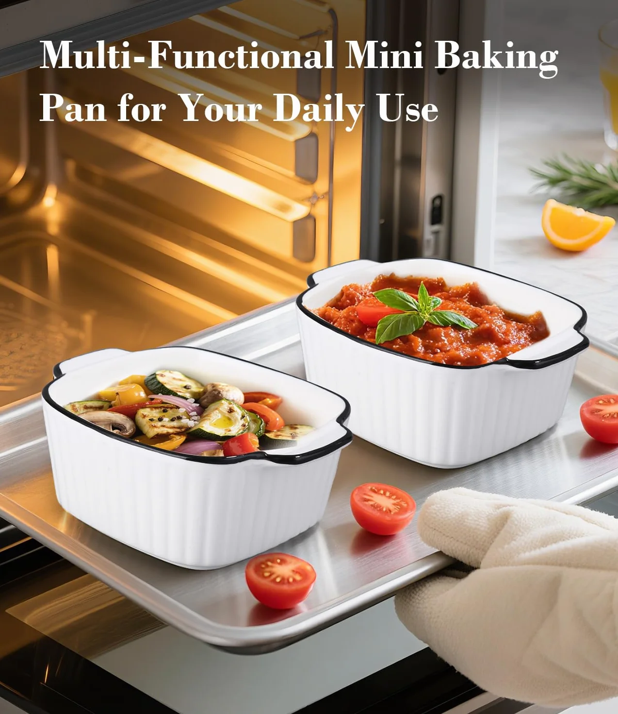 4 Pezzi Kit Piccole Pirofila da Forno, 400ML Set Teglie da Forno in Ceramica, 14.5 x 11.5 x 5.5 cm Piatti da Forno Quadrati, Pirofile da Forno in Ceramica con Manici, per Airfryer, Forno e Microonde