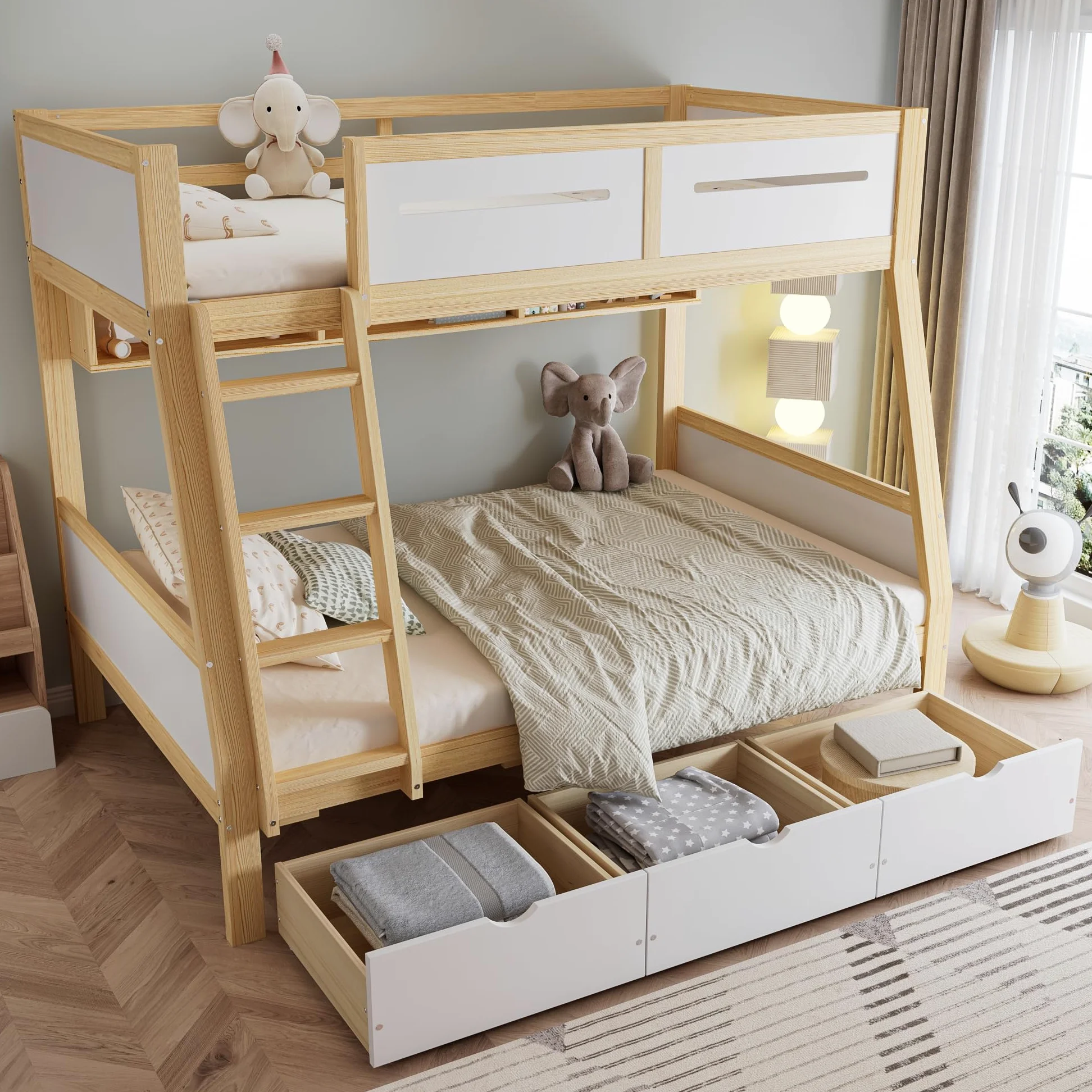Lettino a castello, 90 x 200 cm e 120 x 200 cm, tre cassetti con ruote, 2 m, recinzione sicura su quattro lati e scala a pioli, pino + MDF + compensato, bianco e naturale
