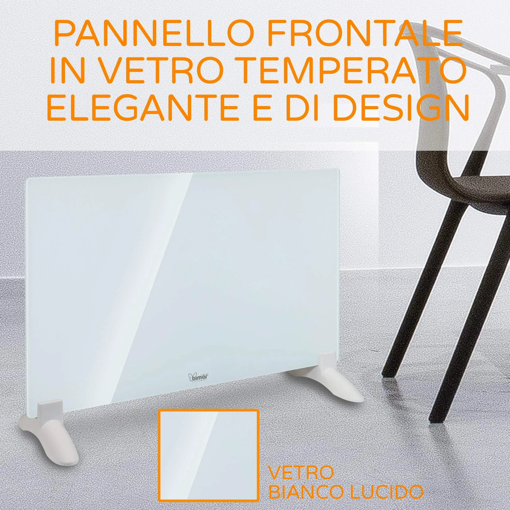 Bimar HC508 Termoconvettore a Muro o Pavimento, Riscaldatore Convezione Naturale, Corpo Metallo e Pannello Frontale in Vetro, Stufa Elettrica da Parete, Protezione IP24 (Spruzzi Acqua)