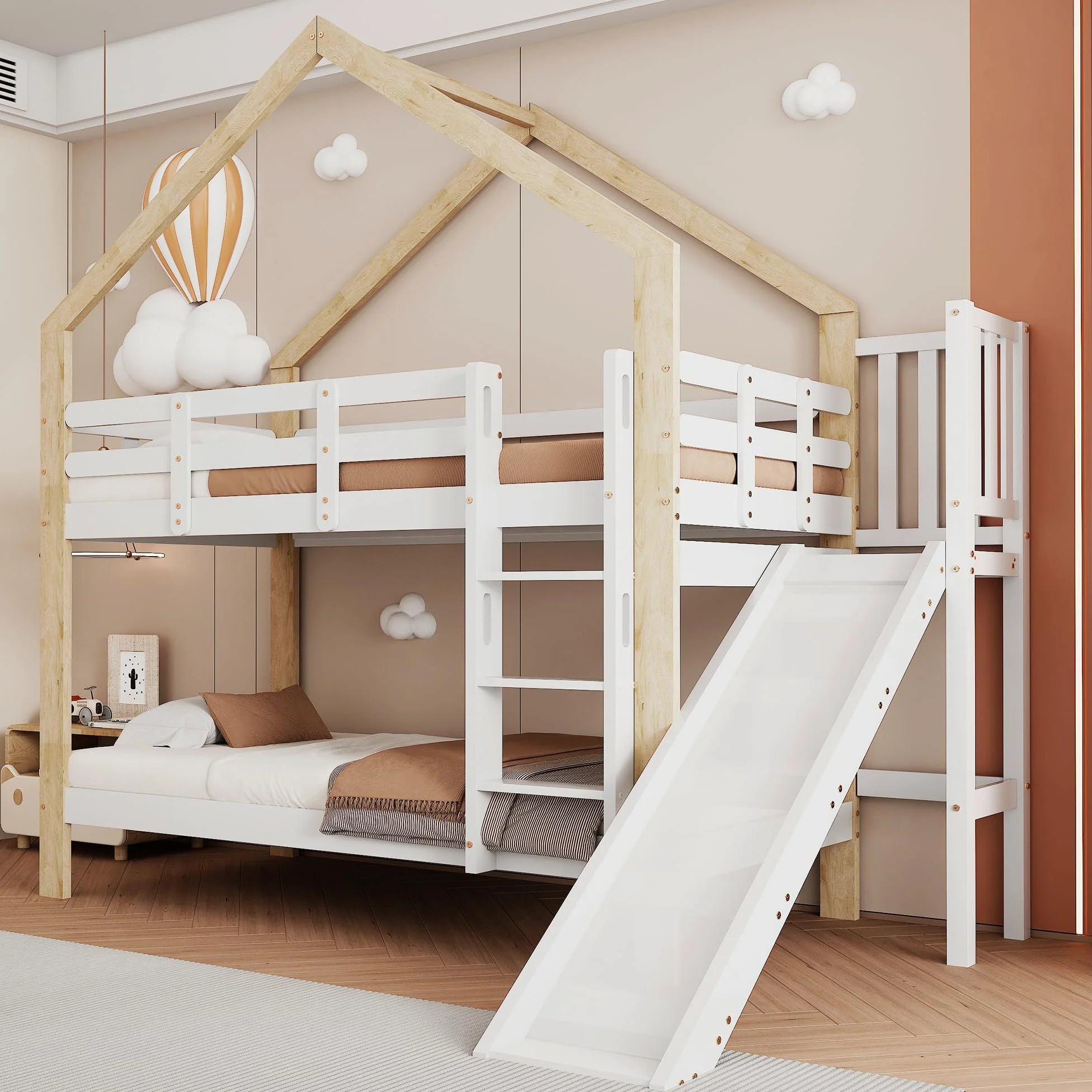 Letto a castello con scivolo e scaletta angolare a tre gradini, letto a casetta con protezione anticaduta, lettino per bambini, telaio letto in legno massello, bianco+naturale, 90x200 cm