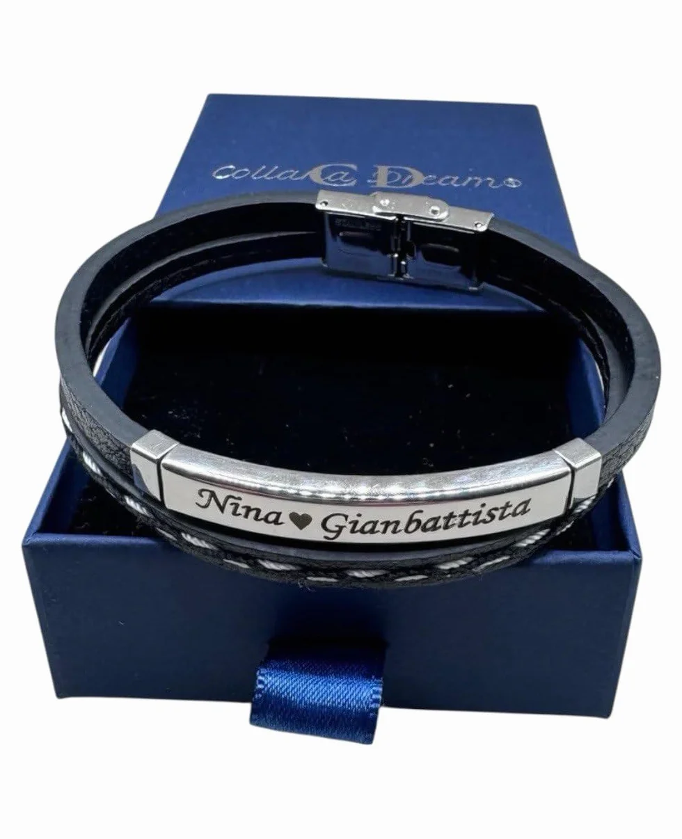 Generico Bracciale Uomo Personalizzato con Nomi Incisi – Pelle Intrecciata e Acciaio