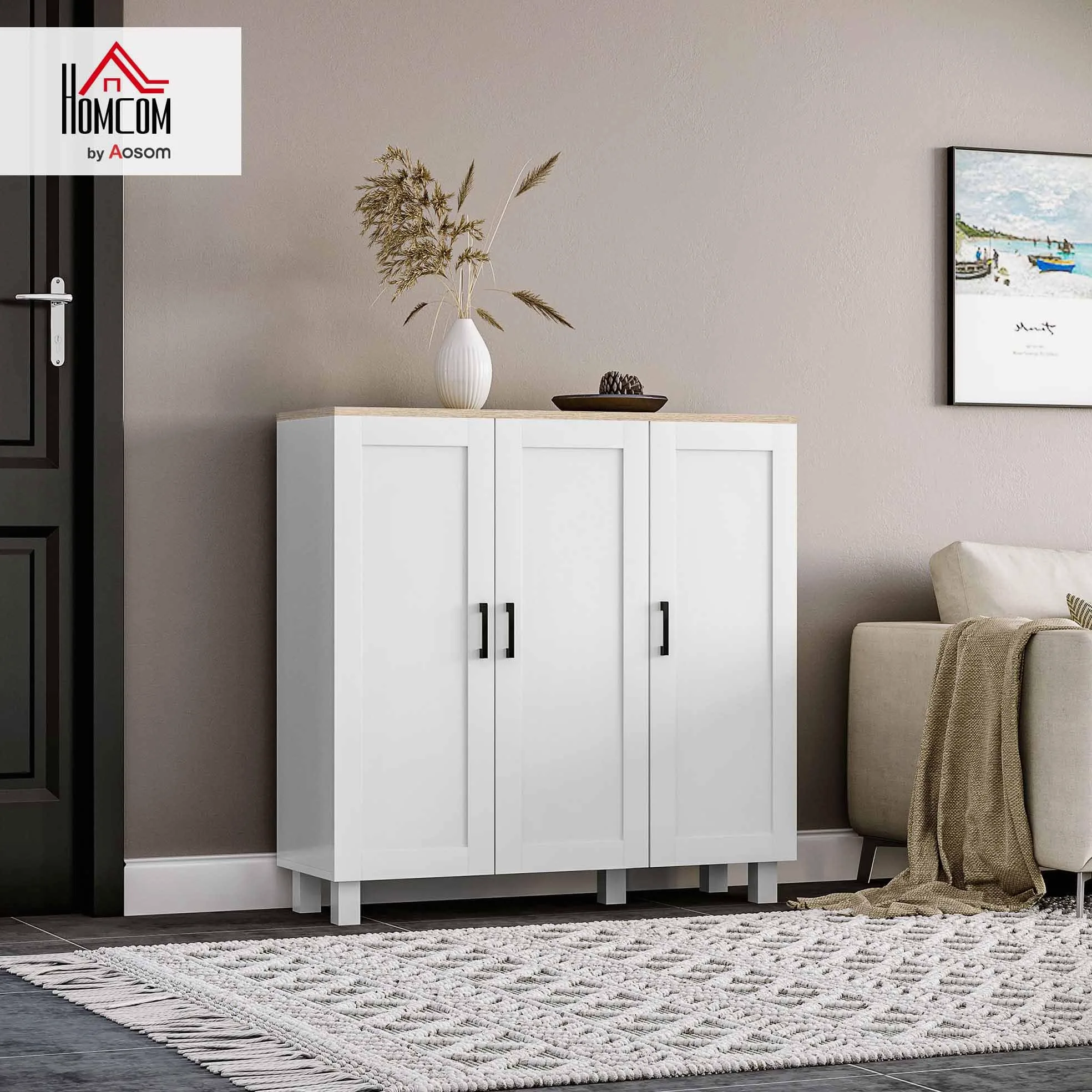 HOMCOM Credenza Cucina in Legno, Mobile Cucina a 3 Ante, Ripiani Regolabili, Stile Scandinavo, Credenza Buffet per Soggiorno, Salotto, Sala da Pranzo, 90x30x90cm, Bianco