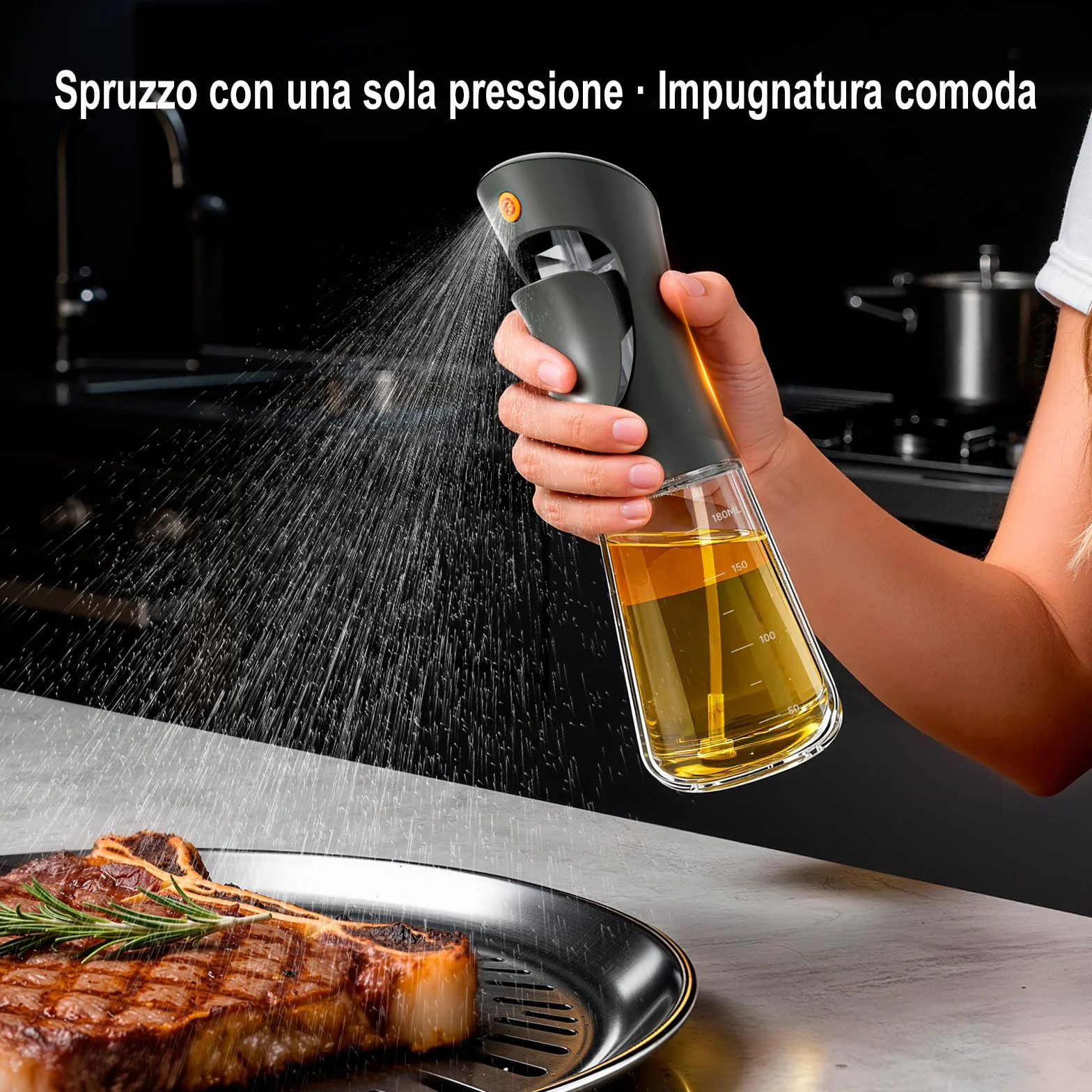 Ibergrif Spruzzatore Olio 180ml Bottiglia Spray Vetro Borosilicato per Friggitrice ad Aria Cucina Erogazione Precisa 1g Senza BPA Antigoccia Grigio M528B