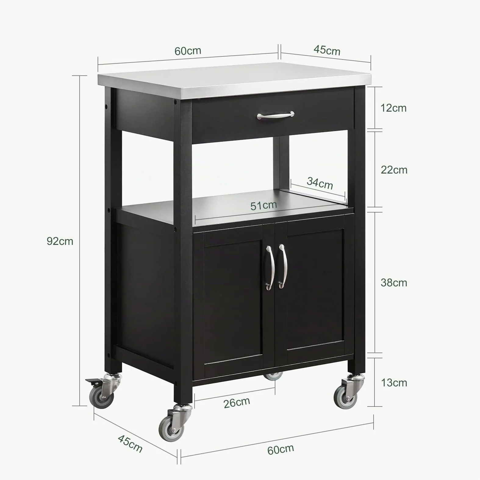 SoBuy Carrello cucina salvaspazio con piano di lavoro – Mobile cucina con ruote, ideale come mobiletto cucina, credenza compatta o mobile microonde – Disponibile in Nero 60x92x45cm FKW22-SCH