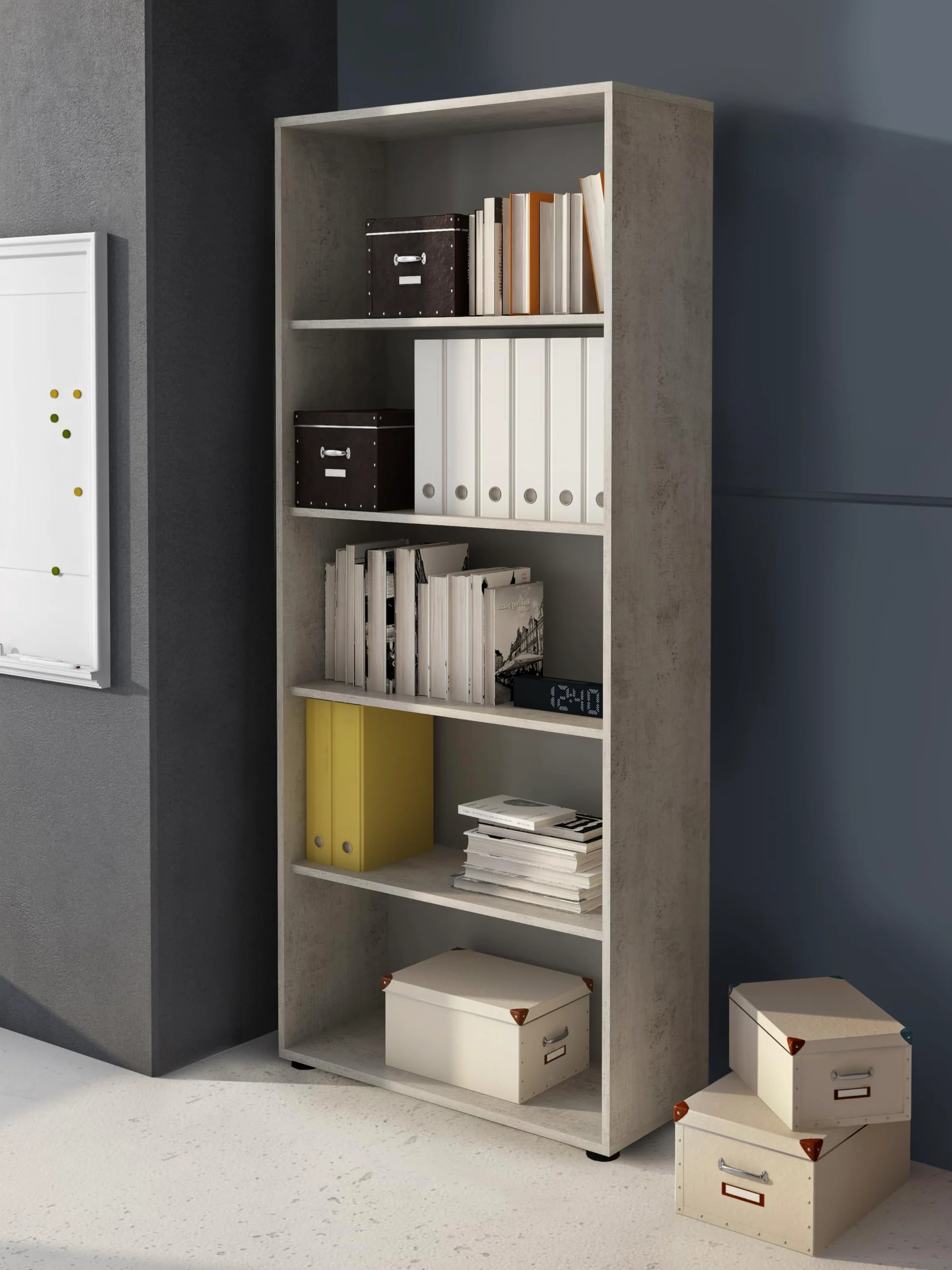 Arreditaly Set Ufficio Completo Con 2 Scrivanie 1 Modulo Ad Angolo 1 Cassettiera Con Ruote 2 Armadi Alto e Basso 2 Librerie Alta E Bassa Finitura Bianco Frassinato E Grigio Cemento