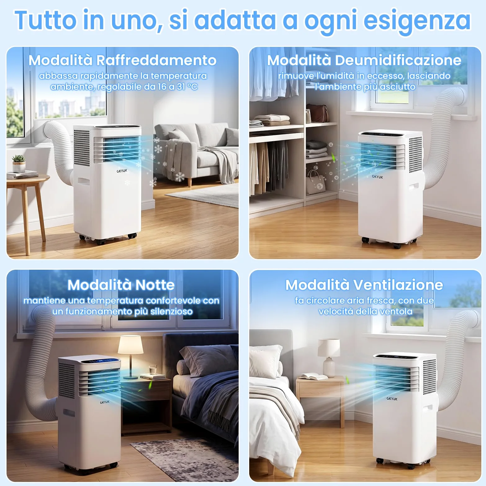 Climatizzatore mobile 7000 BTU con tubo di scarico, climatizzatore mobile 4 in 1, funzionamento silenzioso, display digitale + telecomando, kit di installazione per finestre, timer 24 ore, per stanze